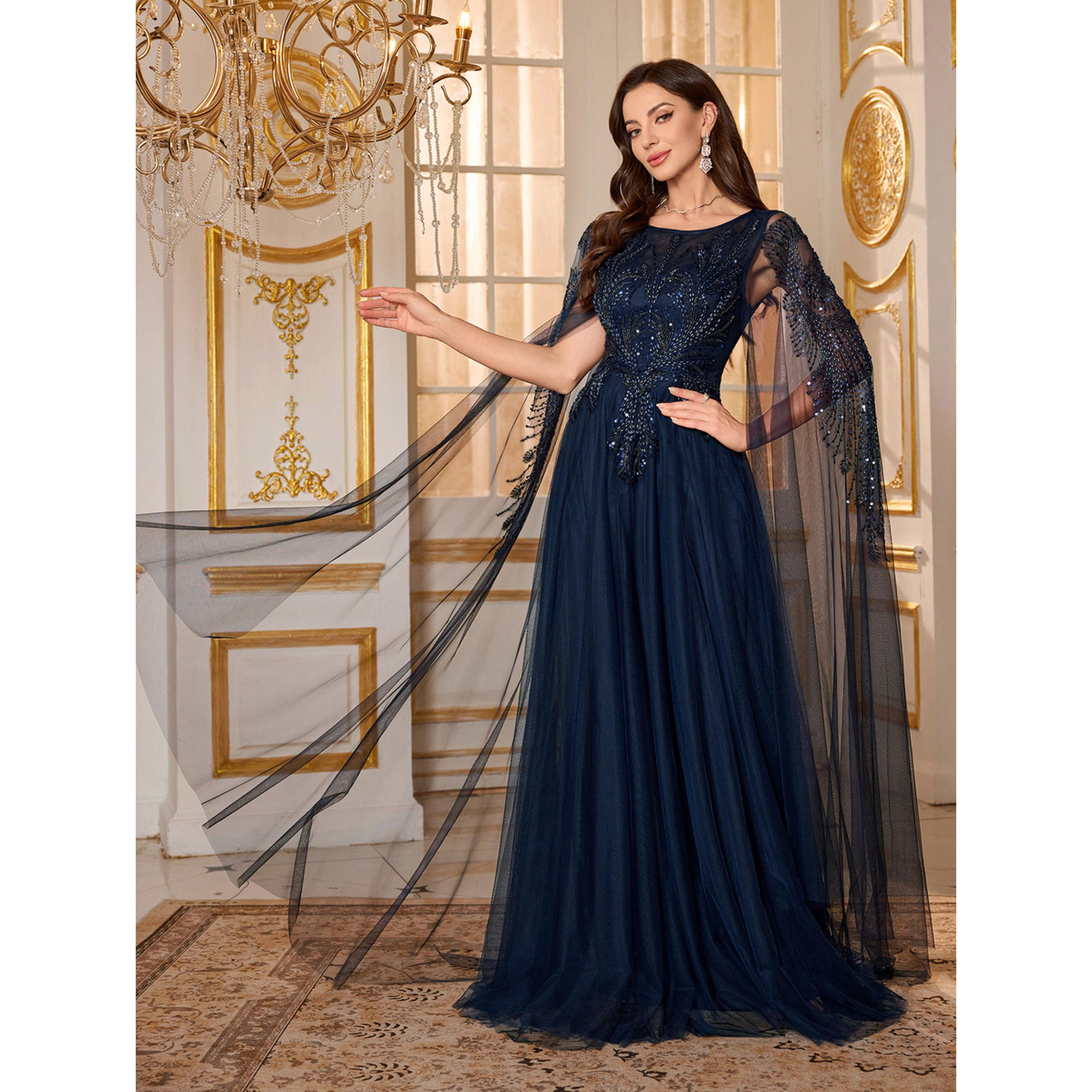 فستان سهرة طويل كاب شبك بحافة واسعة ومزين-women-clothing-dresses-image-4