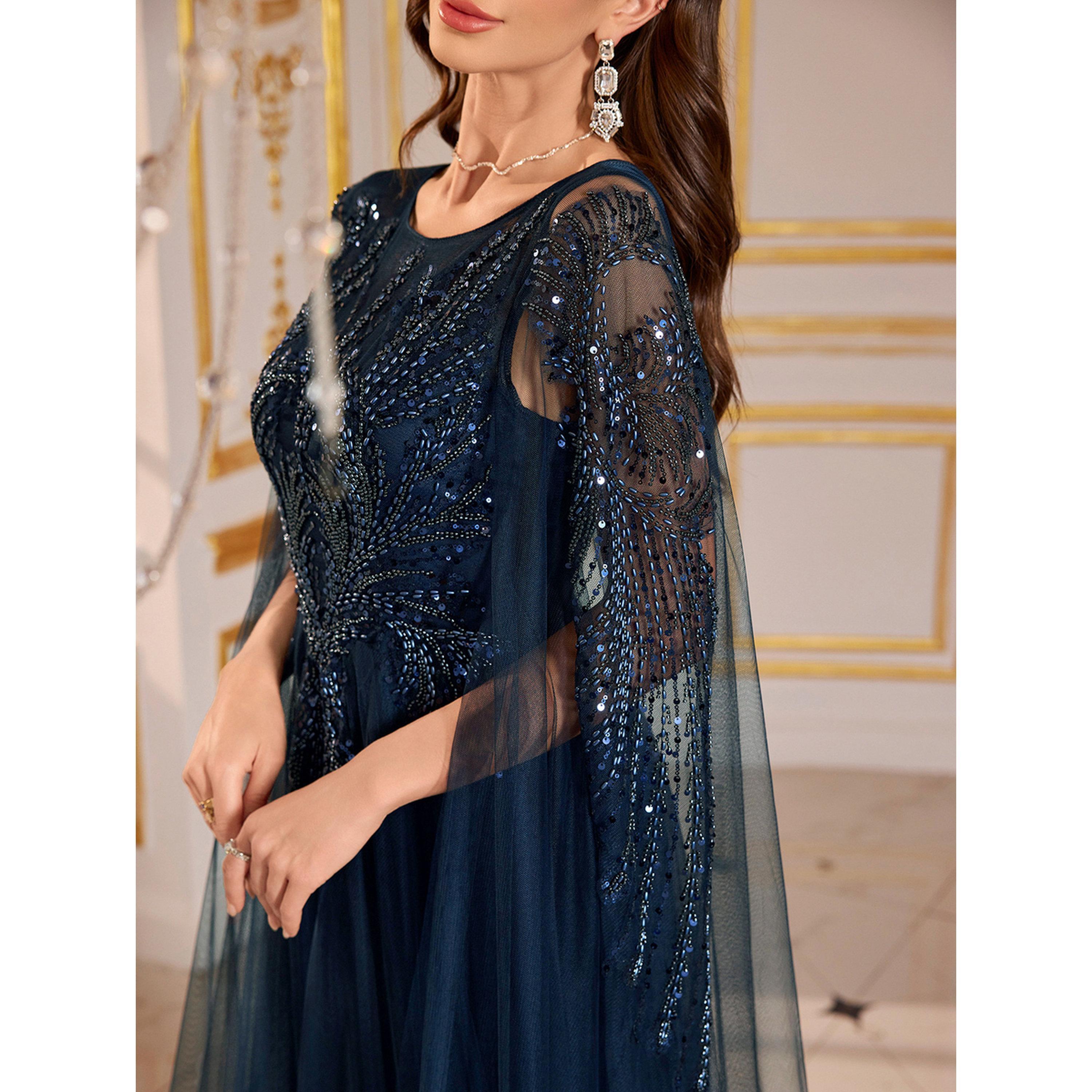 فستان سهرة طويل كاب شبك بحافة واسعة ومزين-women-clothing-dresses-image-6