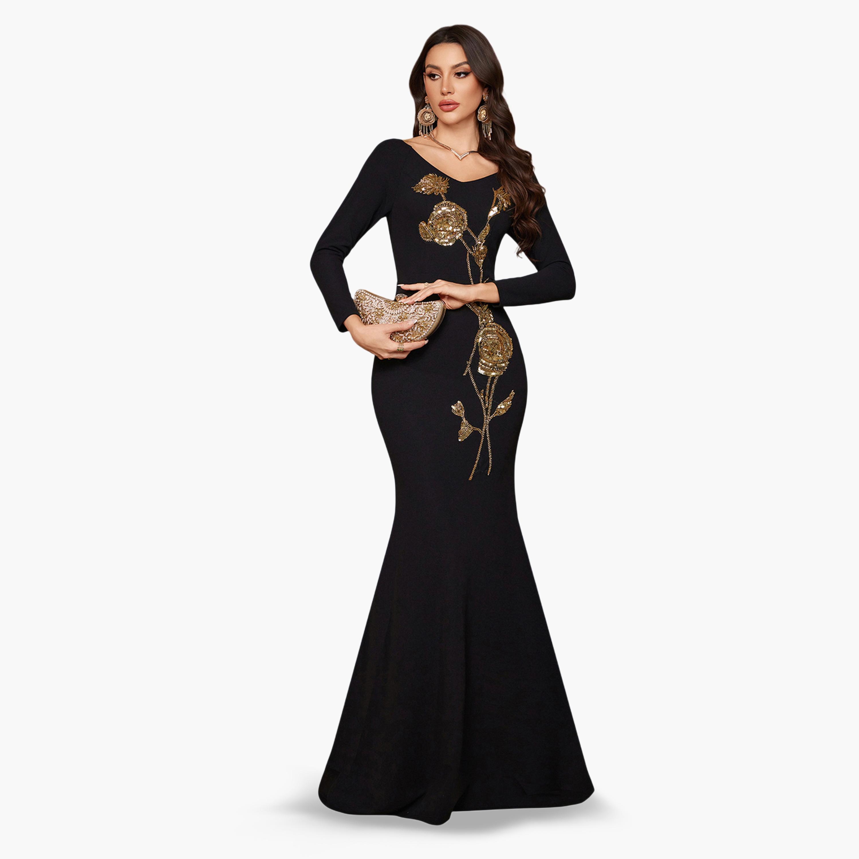SUPGIR X Styli Black Beaded Sequin Flared Maxi Dress-women-clothing-dresses-image-1