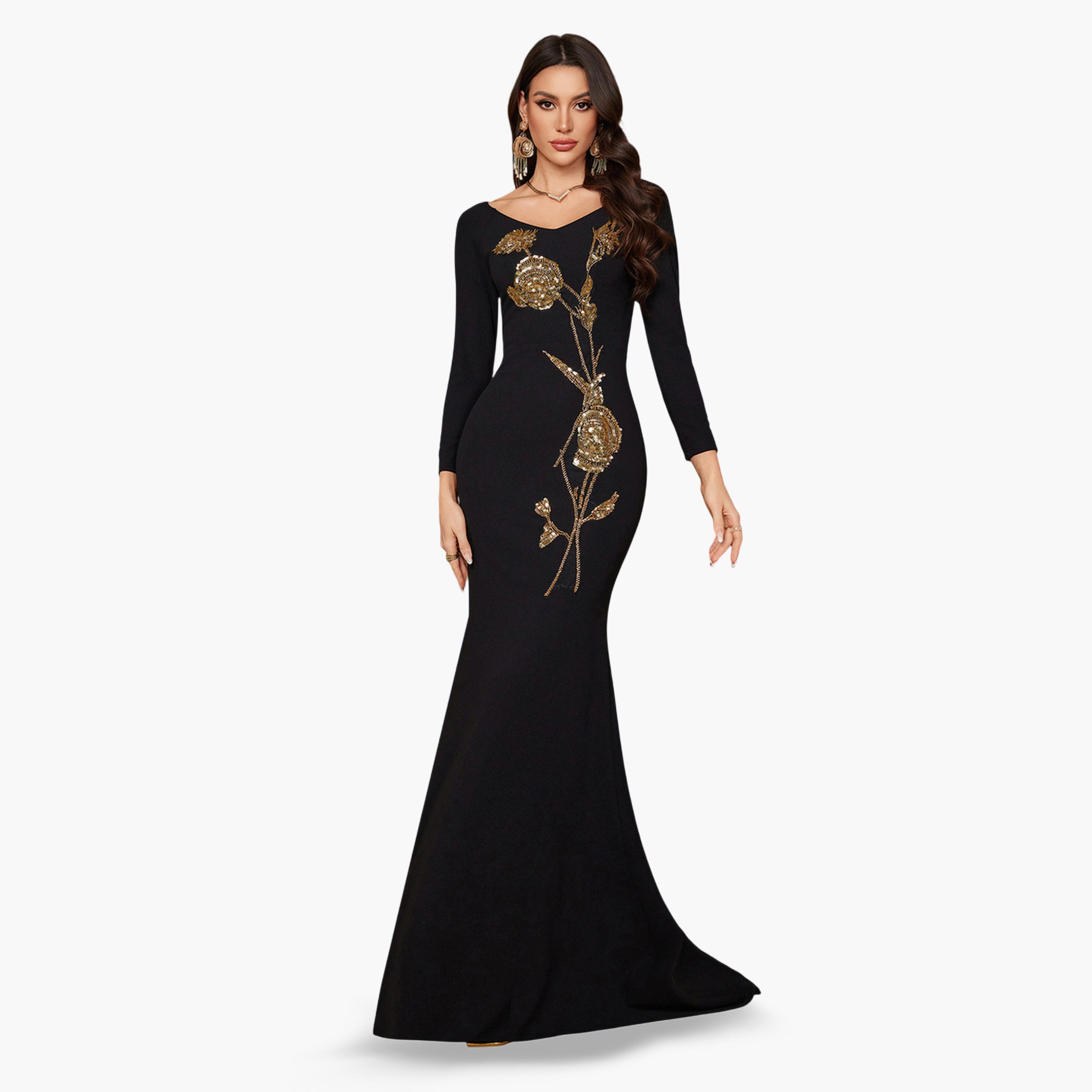 SUPGIR X Styli Black Beaded Sequin Flared Maxi Dress-women-clothing-dresses-image-3
