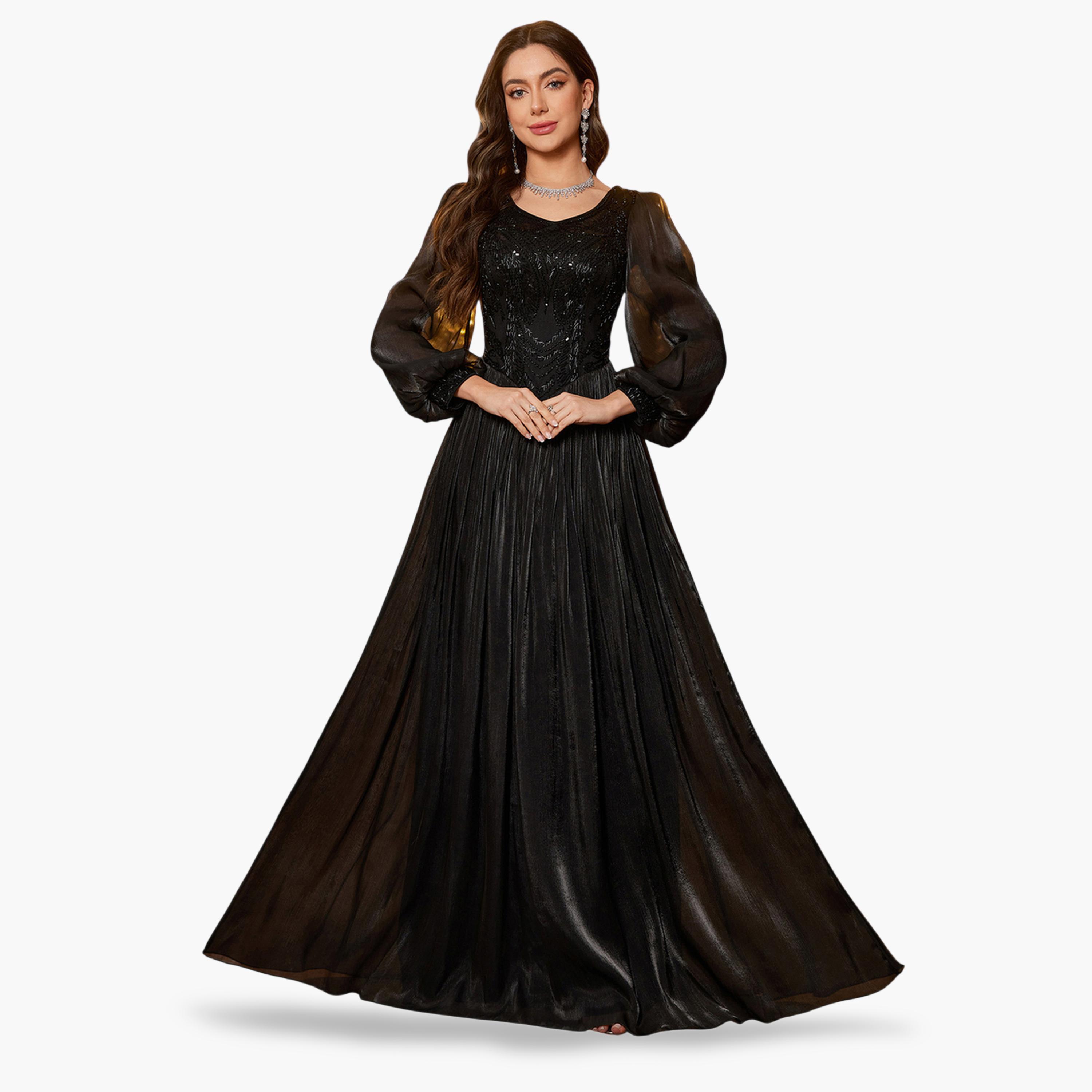 فستان طويل بحافة واسعة وأكمام طويلة باللون الأسود-women-clothing-dresses-image-1