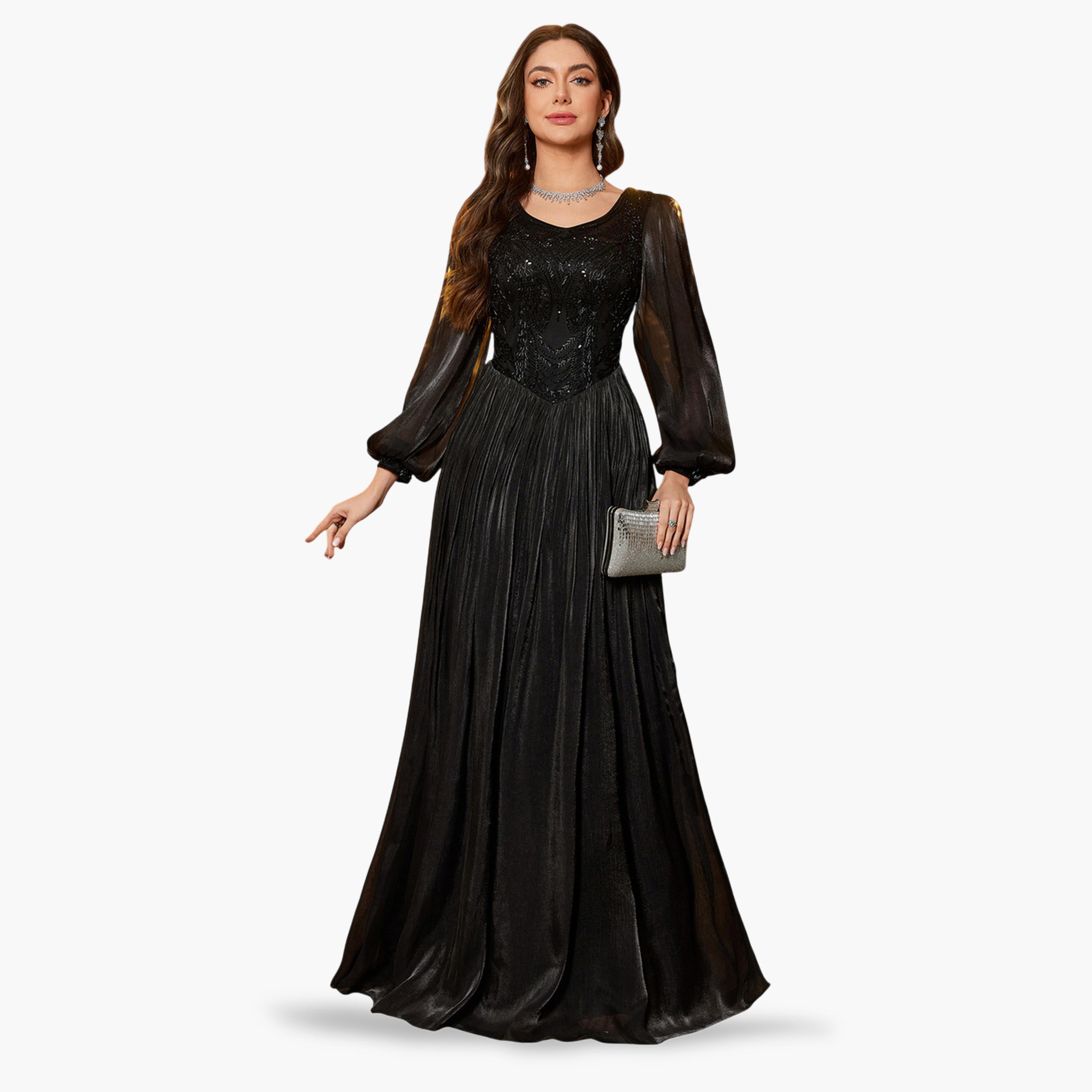 فستان طويل بحافة واسعة وأكمام طويلة باللون الأسود-women-clothing-dresses-image-2