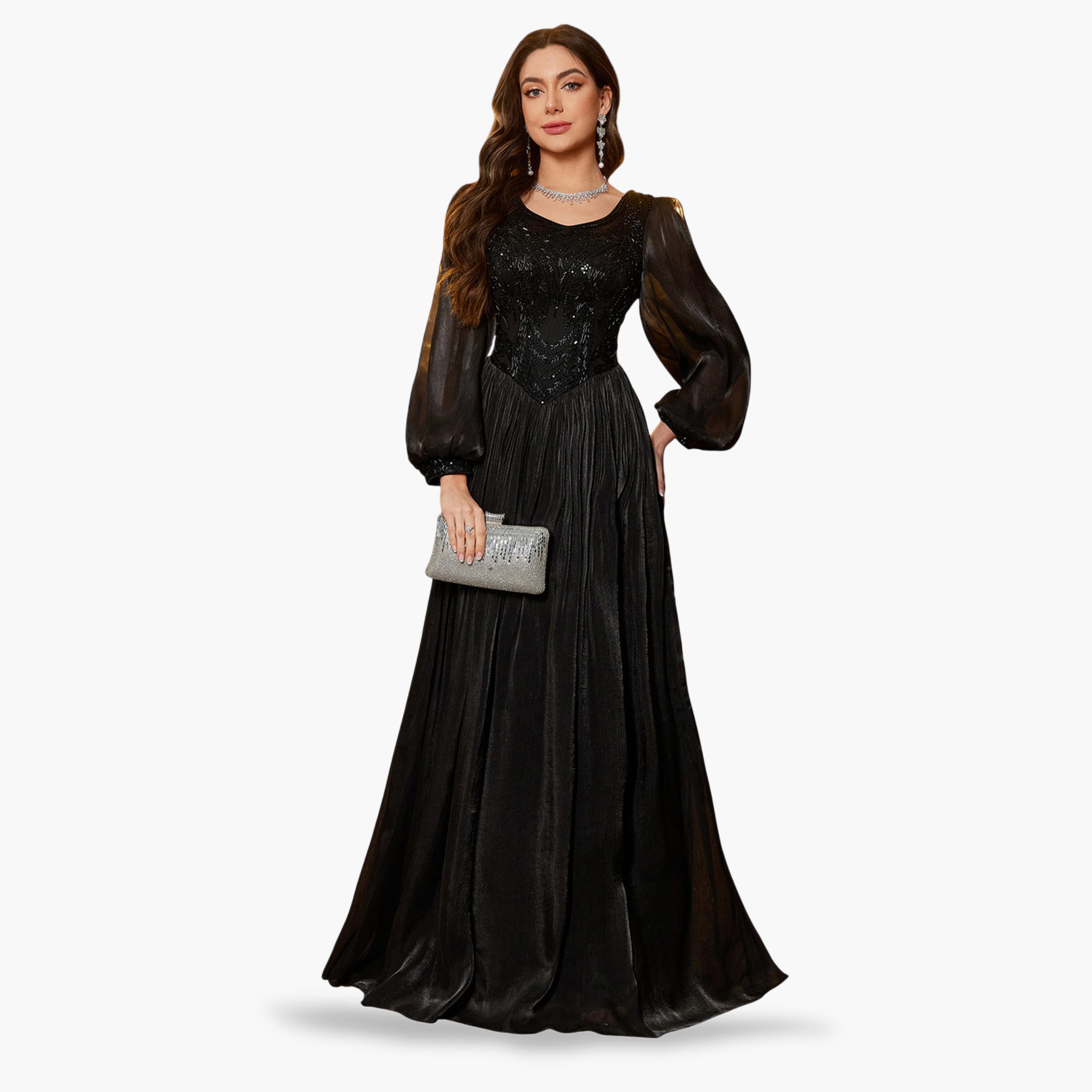 فستان طويل بحافة واسعة وأكمام طويلة باللون الأسود-women-clothing-dresses-image-3