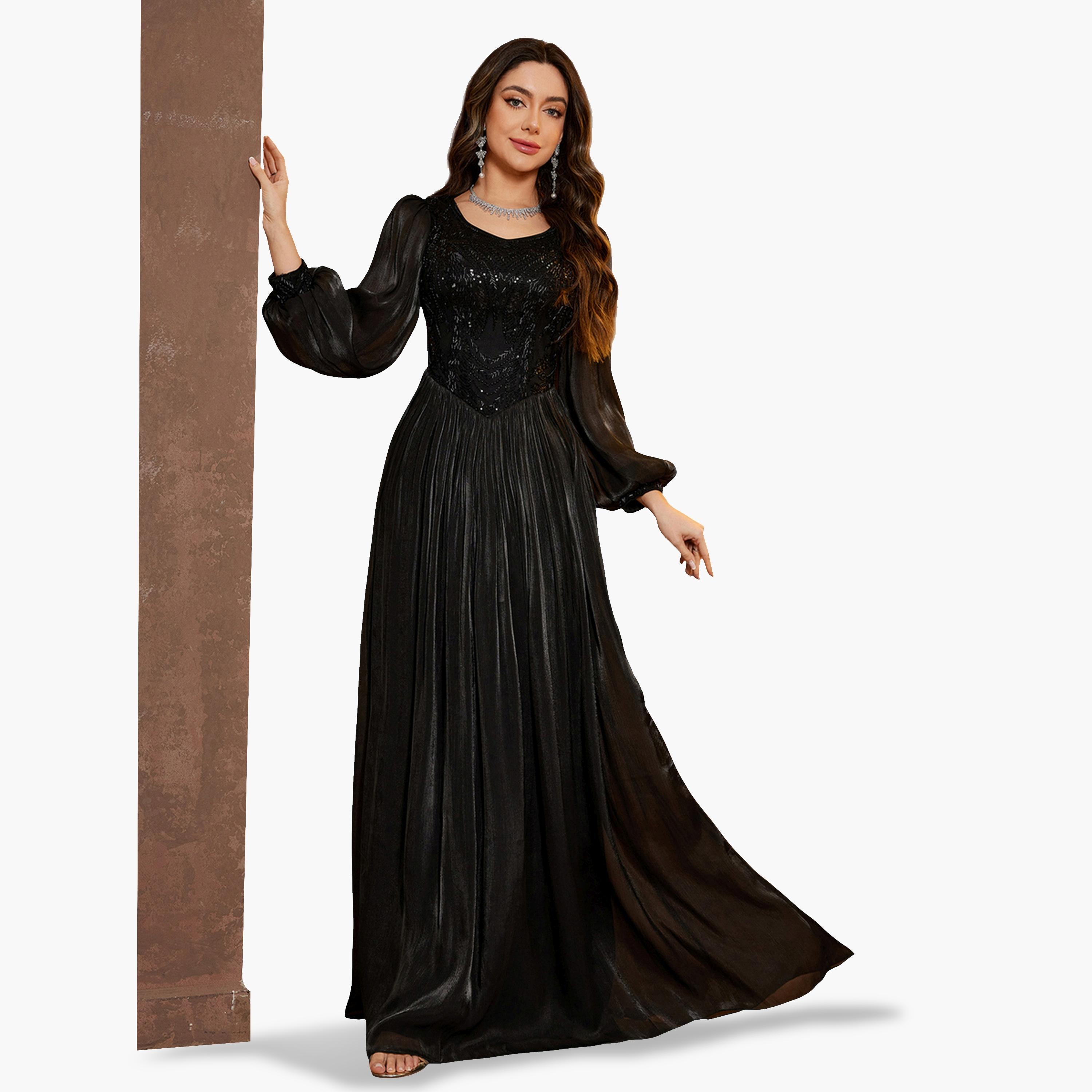 فستان طويل بحافة واسعة وأكمام طويلة باللون الأسود-women-clothing-dresses-image-4