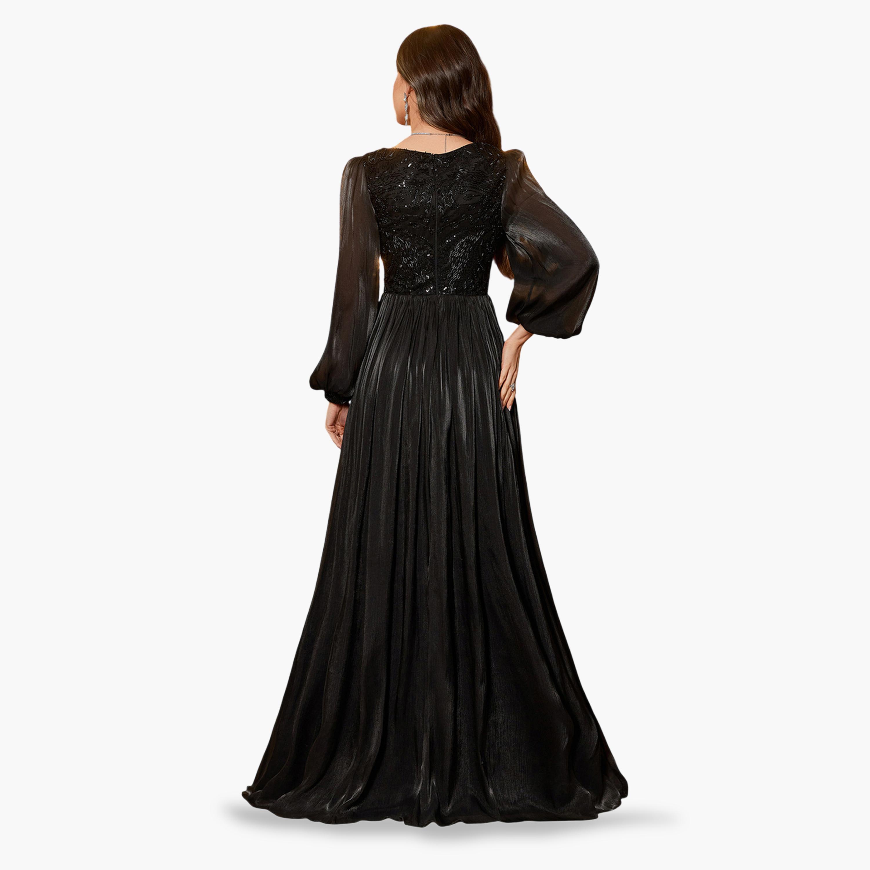 فستان طويل بحافة واسعة وأكمام طويلة باللون الأسود-women-clothing-dresses-image-5