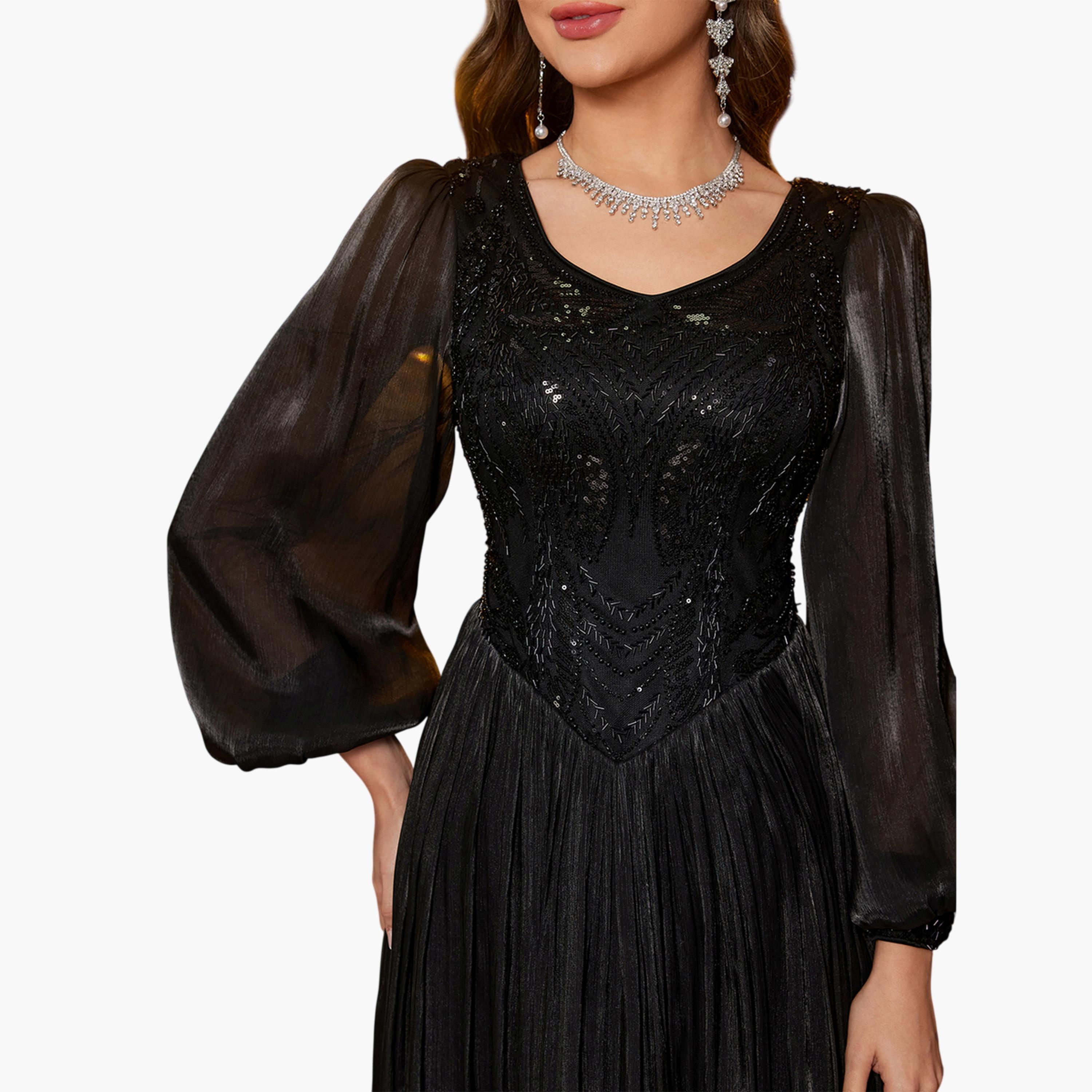 فستان طويل بحافة واسعة وأكمام طويلة باللون الأسود-women-clothing-dresses-image-6