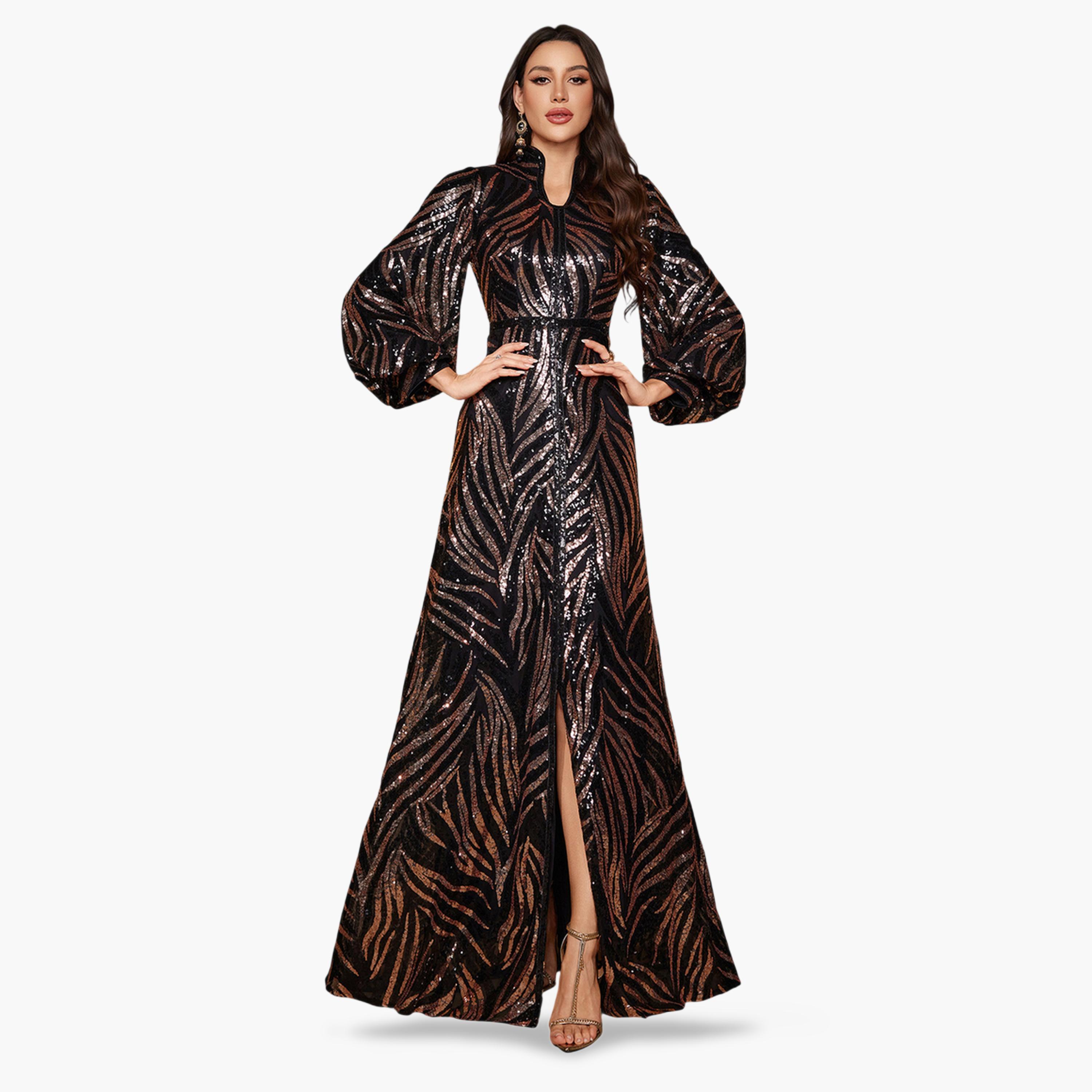 فستان سهرة طويل بحافة واسعة وأكمام طويلة بتفاصيل ترتر-women-clothing-dresses-image-1