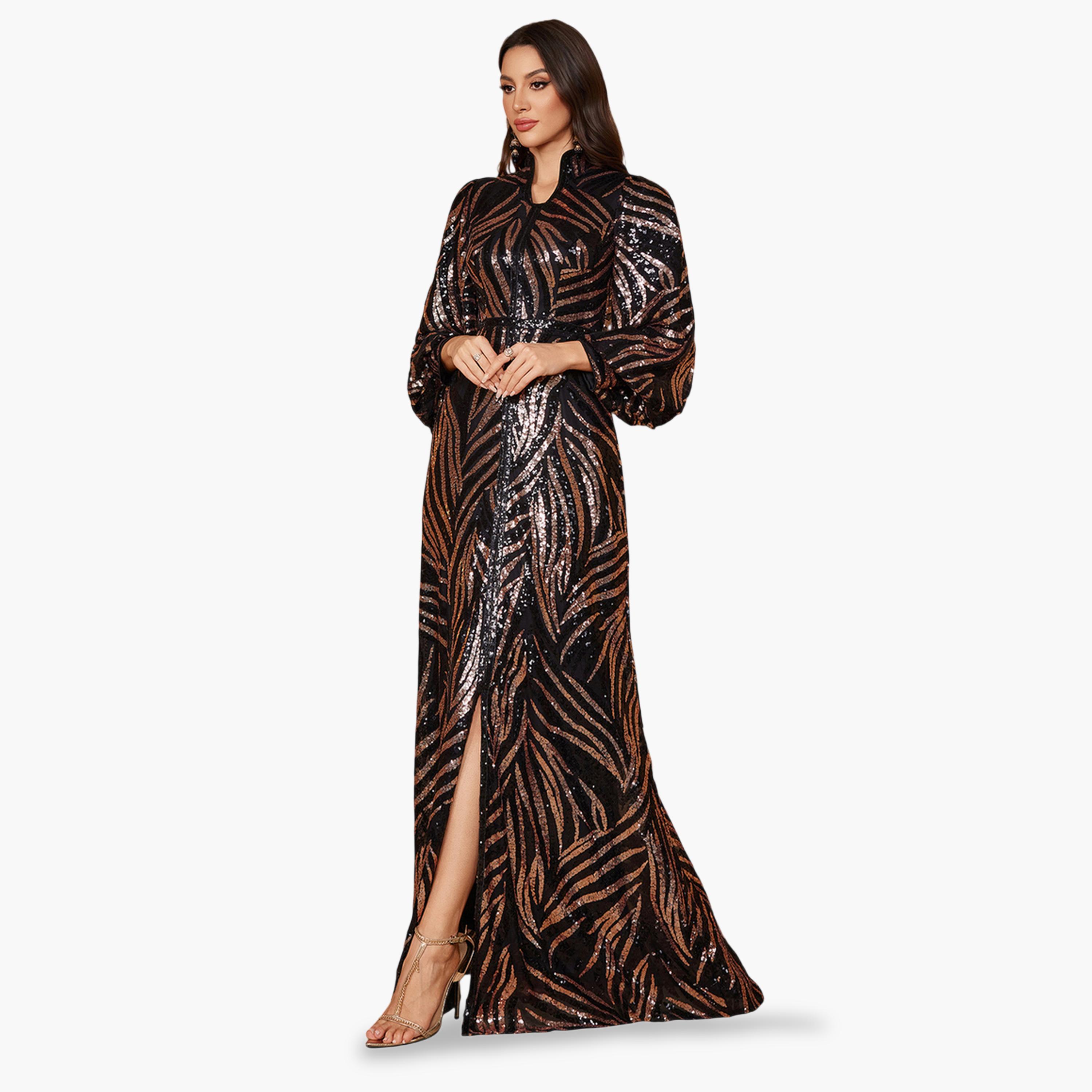 فستان سهرة طويل بحافة واسعة وأكمام طويلة بتفاصيل ترتر-women-clothing-dresses-image-2