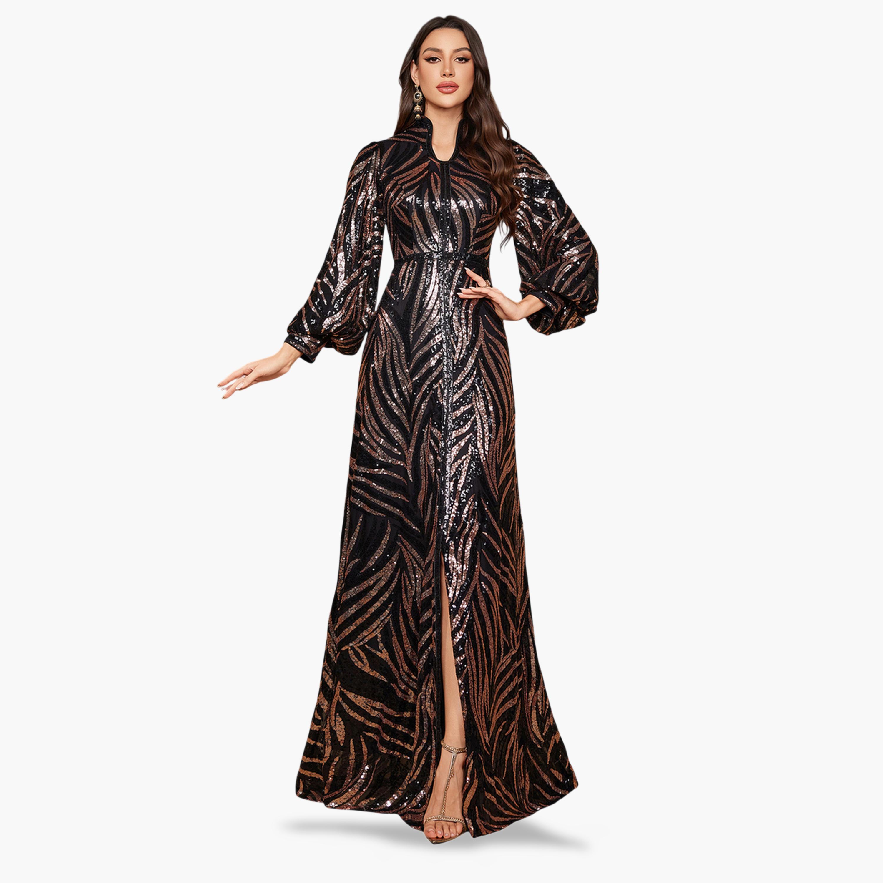 فستان سهرة طويل بحافة واسعة وأكمام طويلة بتفاصيل ترتر-women-clothing-dresses-image-3