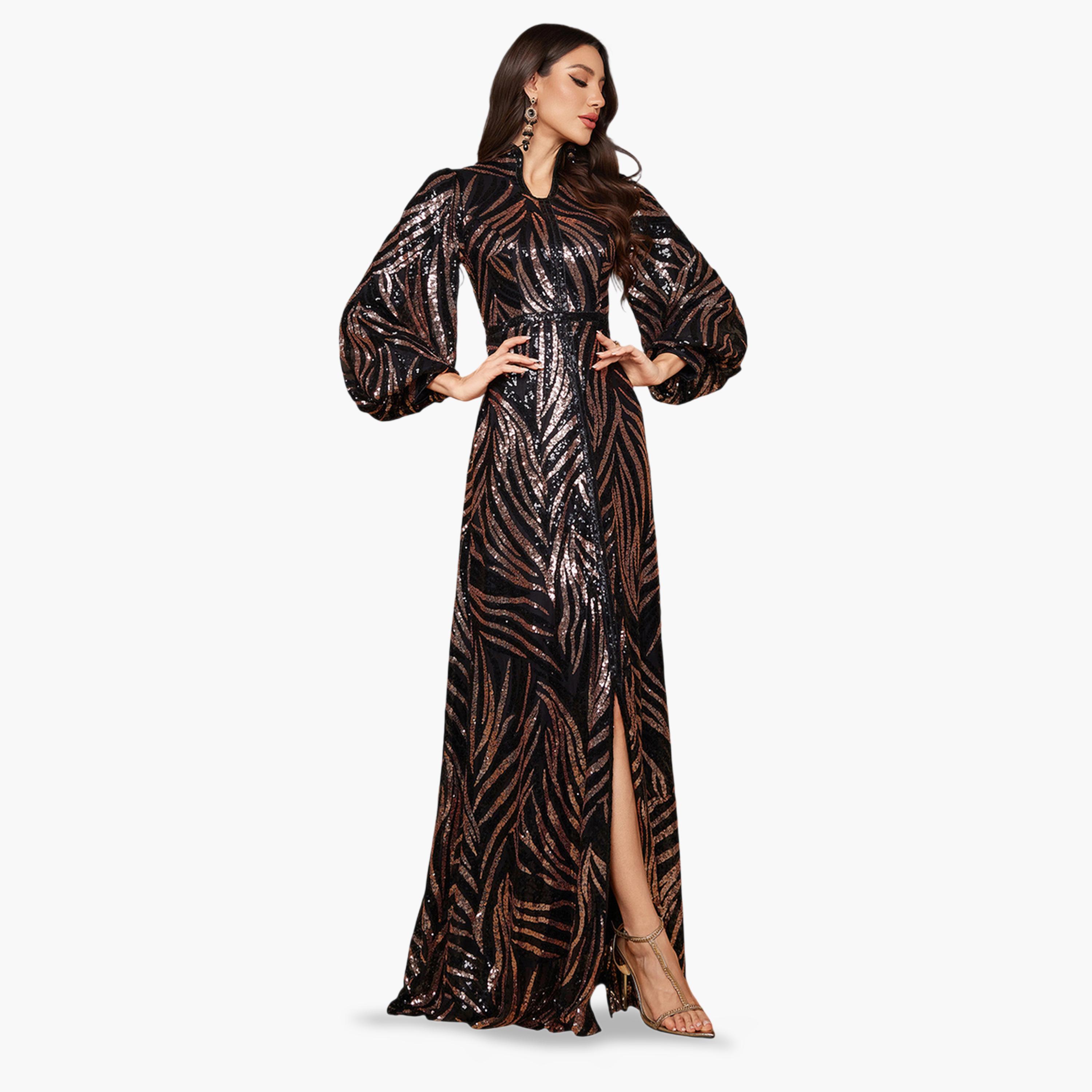 فستان سهرة طويل بحافة واسعة وأكمام طويلة بتفاصيل ترتر-women-clothing-dresses-image-4