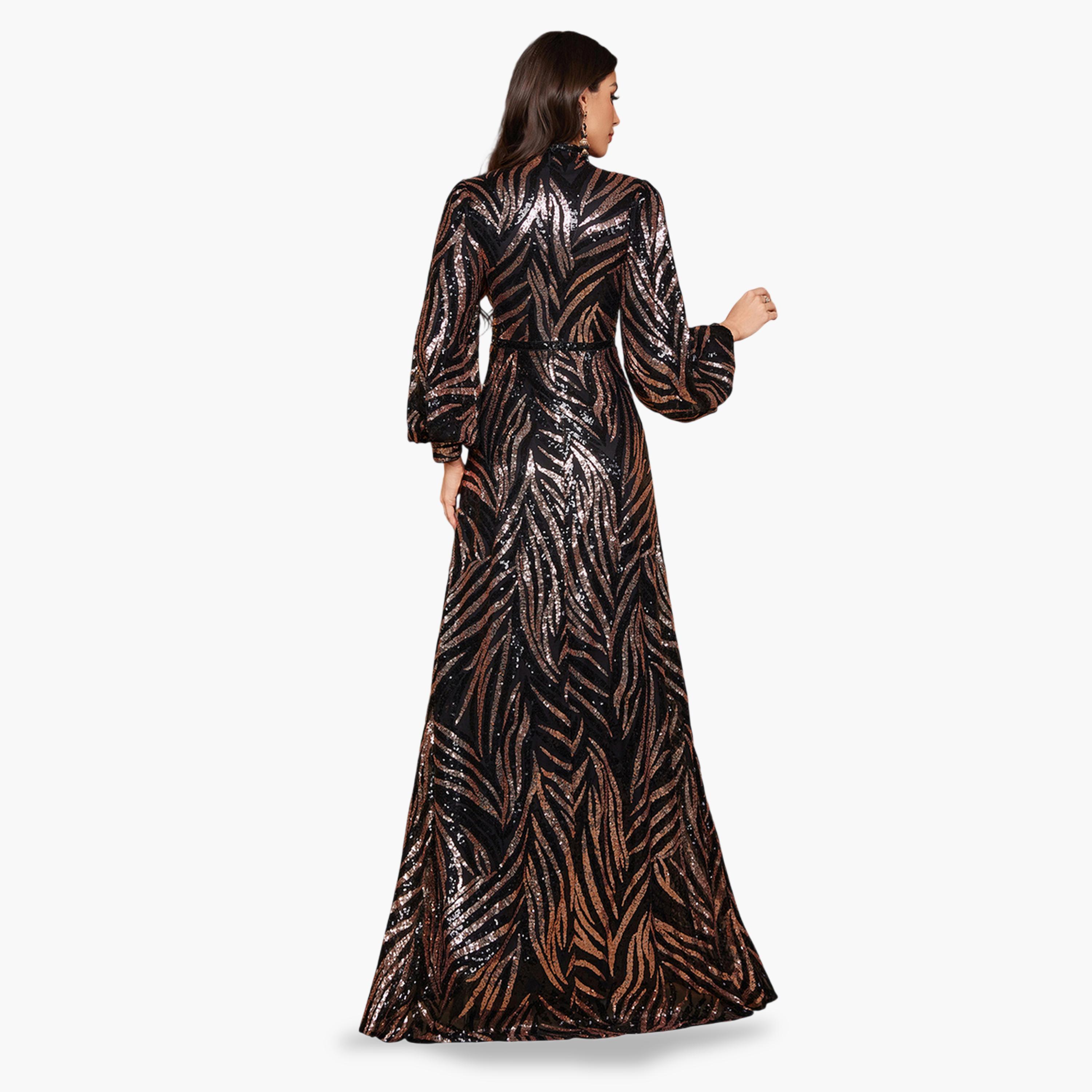 فستان سهرة طويل بحافة واسعة وأكمام طويلة بتفاصيل ترتر-women-clothing-dresses-image-5