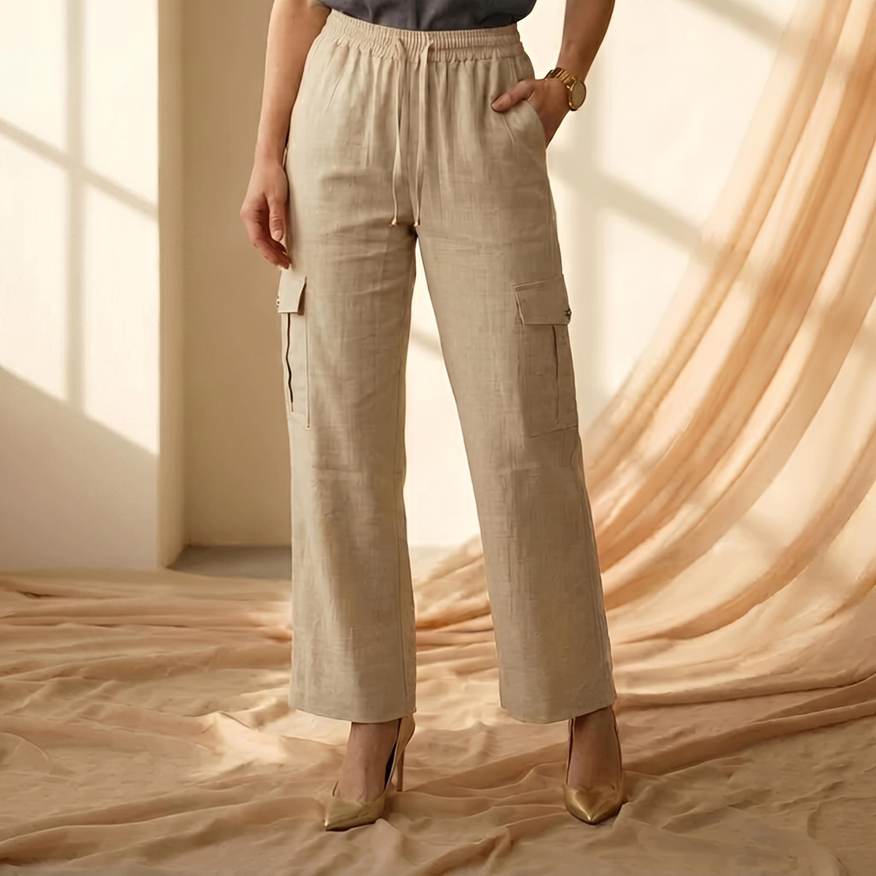 بنطال كارجو بأرجل عريضة وجيوب بقلاب - بيج-women-clothing-bottoms-joggers-image-1