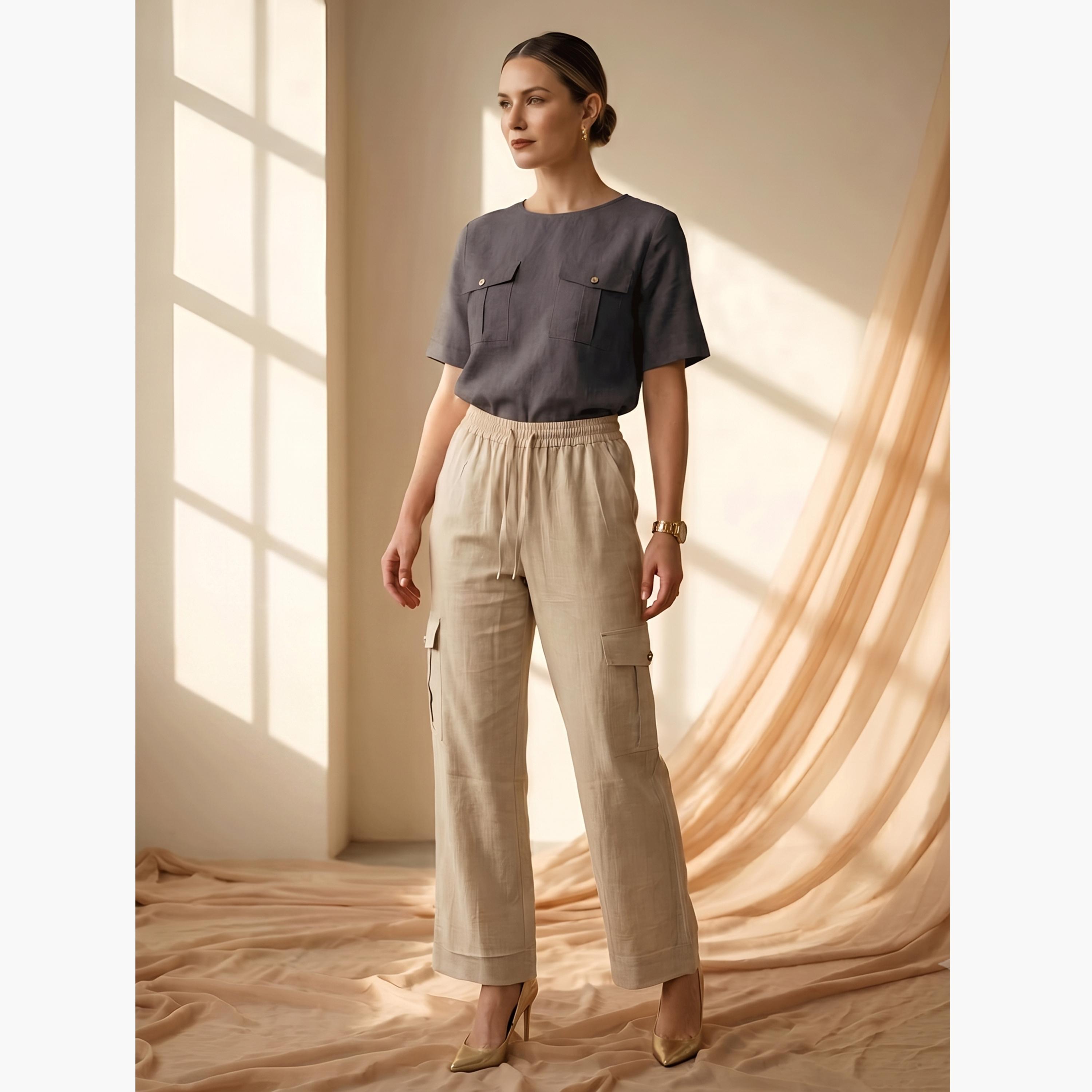بنطال كارجو بأرجل عريضة وجيوب بقلاب - بيج-women-clothing-bottoms-joggers-image-2