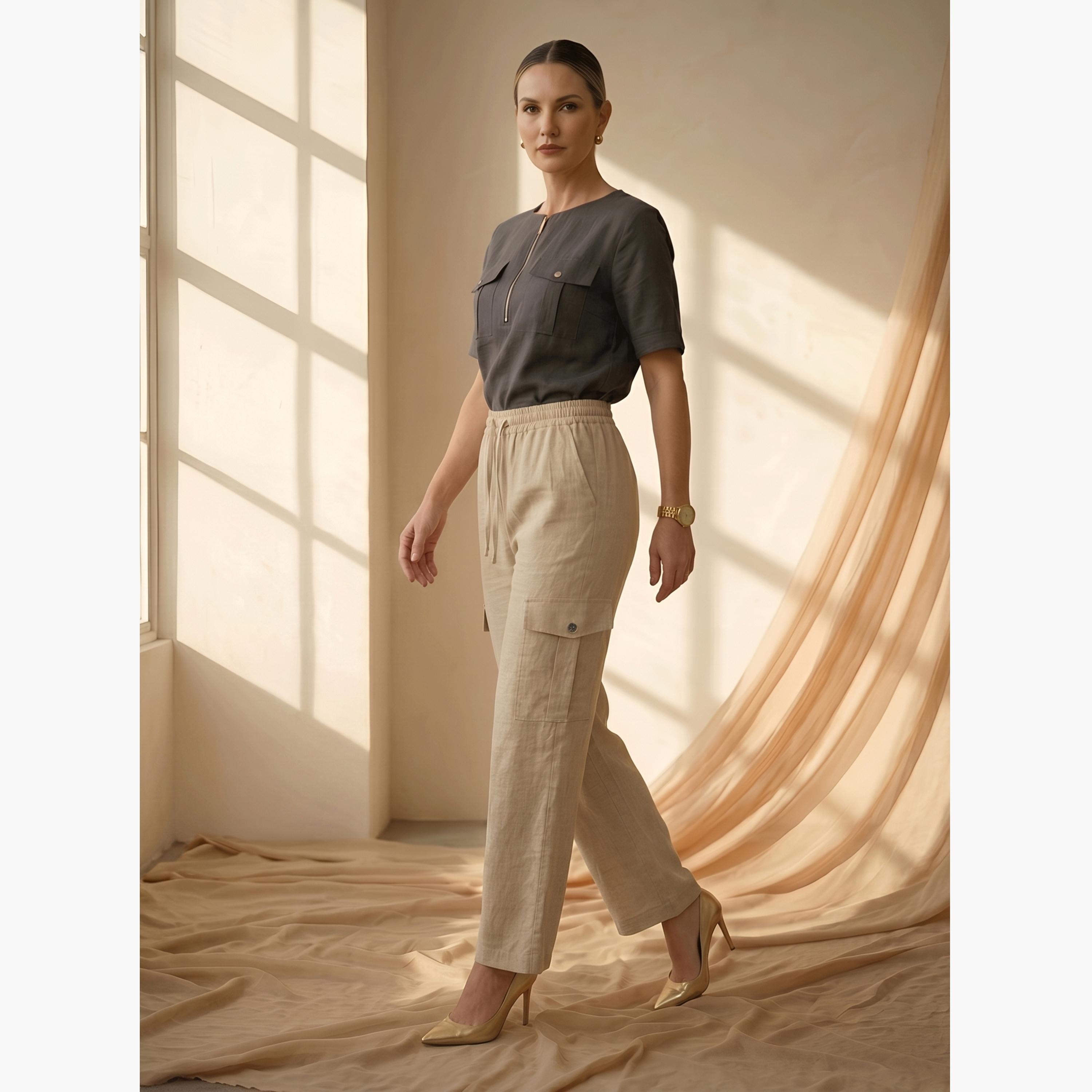 بنطال كارجو بأرجل عريضة وجيوب بقلاب - بيج-women-clothing-bottoms-joggers-image-3