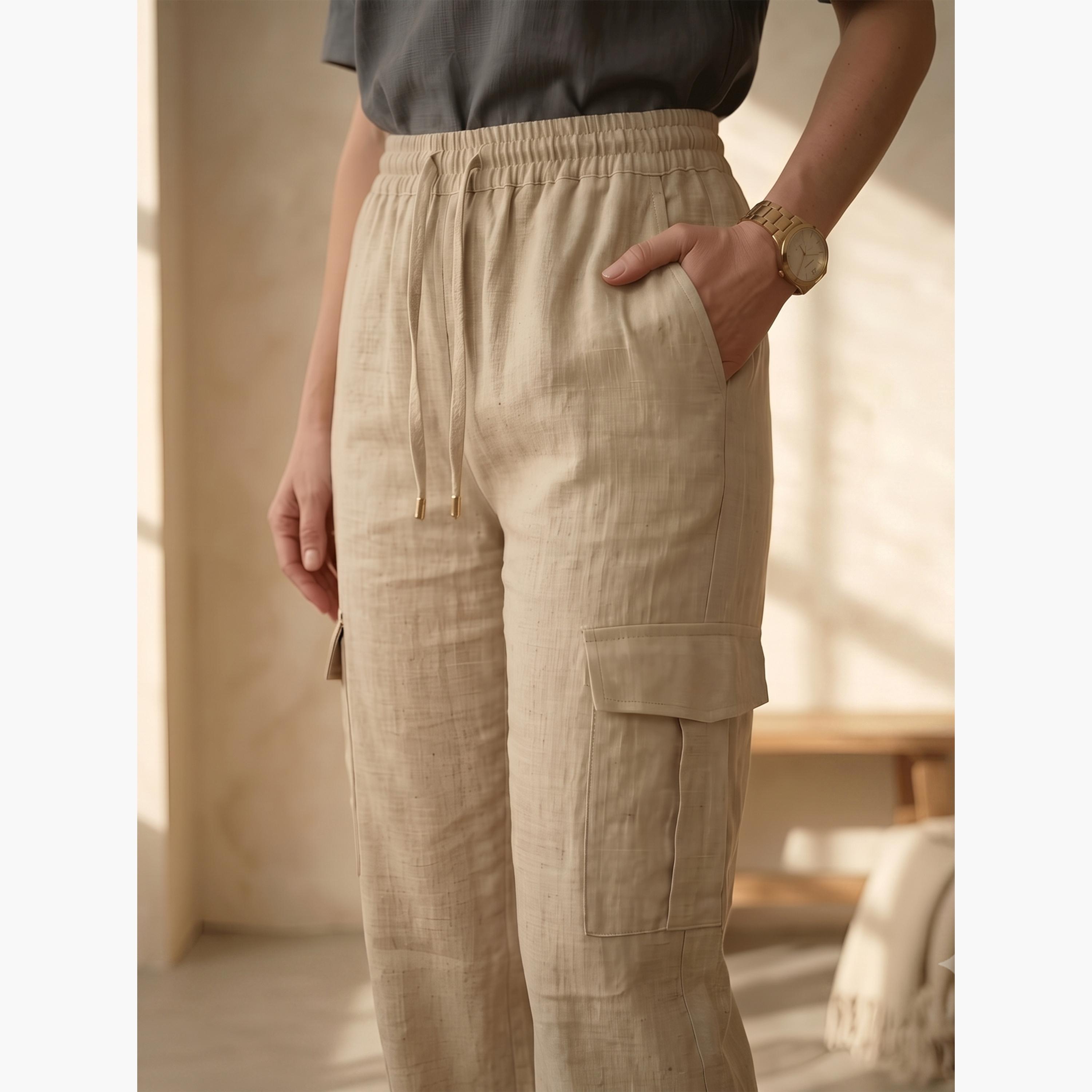 بنطال كارجو بأرجل عريضة وجيوب بقلاب - بيج-women-clothing-bottoms-joggers-image-6