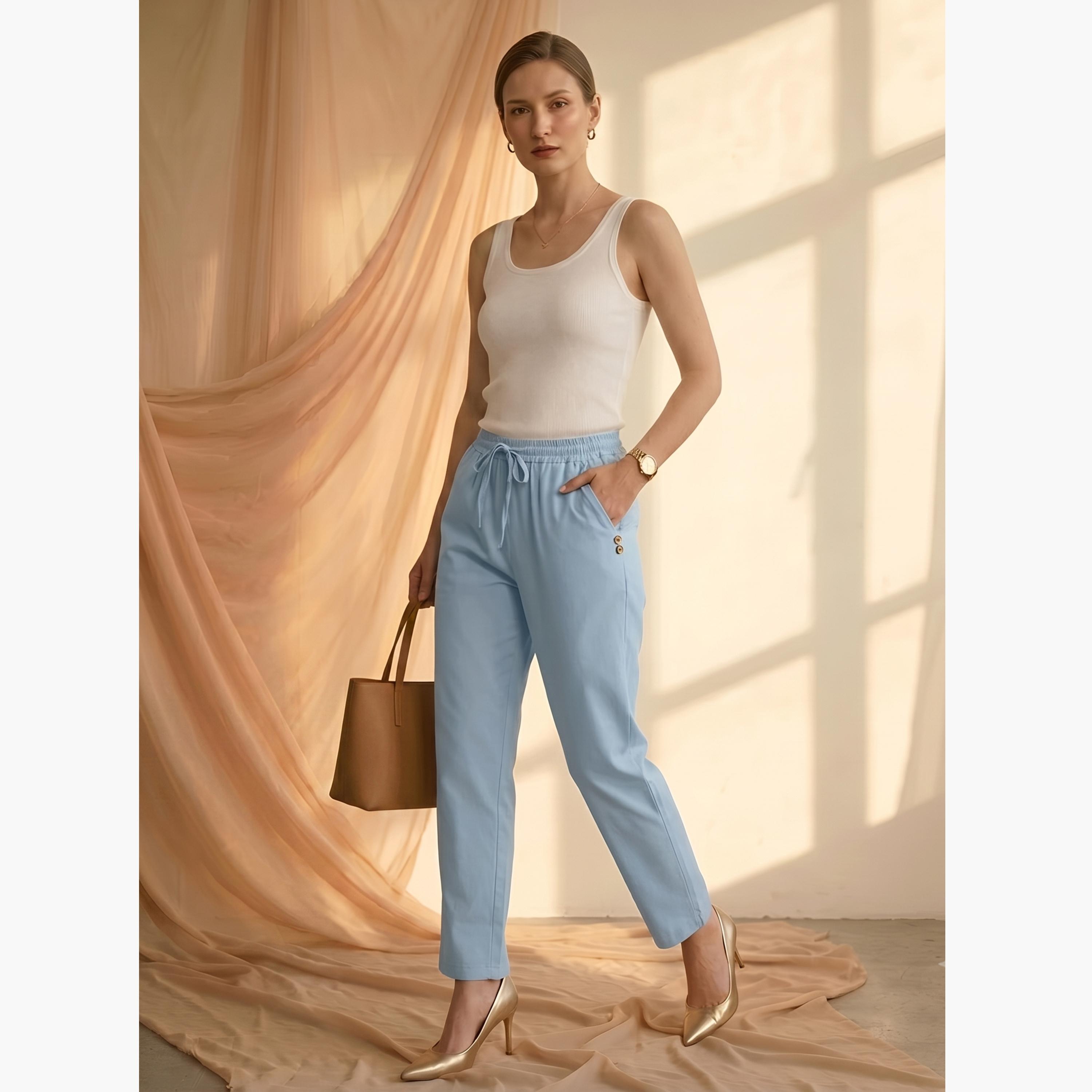 Mish X Styli Blue Drawstring Button Details Straight Fit Trouser-women-clothing-bottoms-joggers-image-2