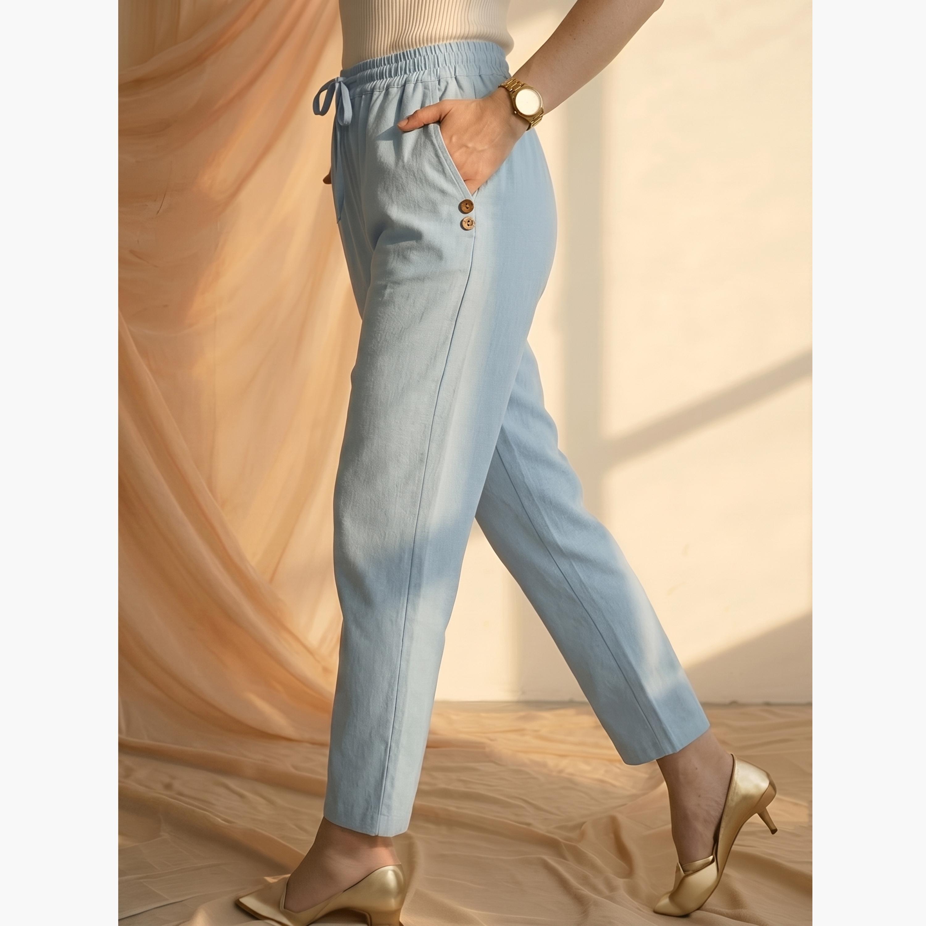 Mish X Styli Blue Drawstring Button Details Straight Fit Trouser-women-clothing-bottoms-joggers-image-3