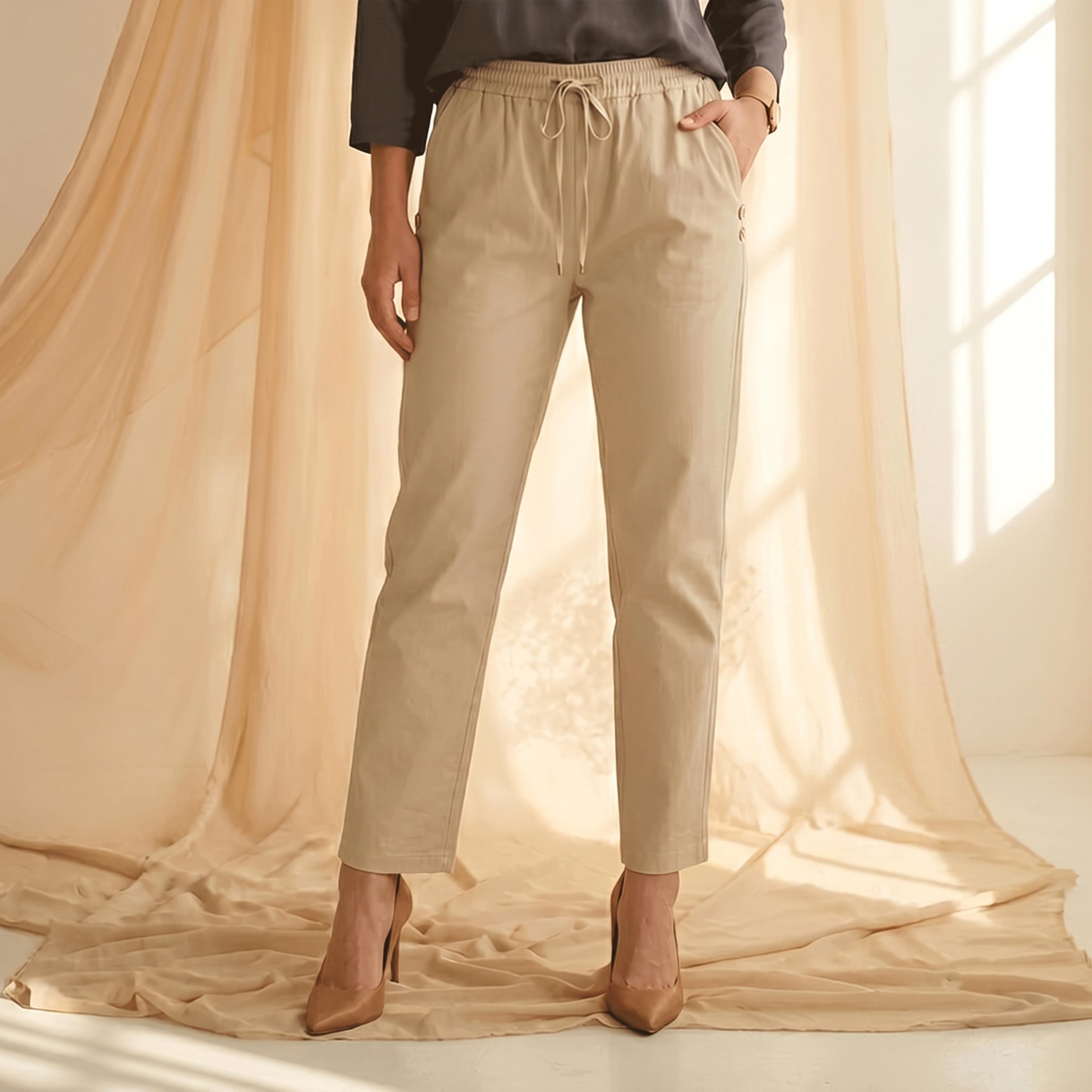 Mish X Styli Beige Drawstring Button Details Straight Fit Trouser-women-clothing-bottoms-joggers-image-1