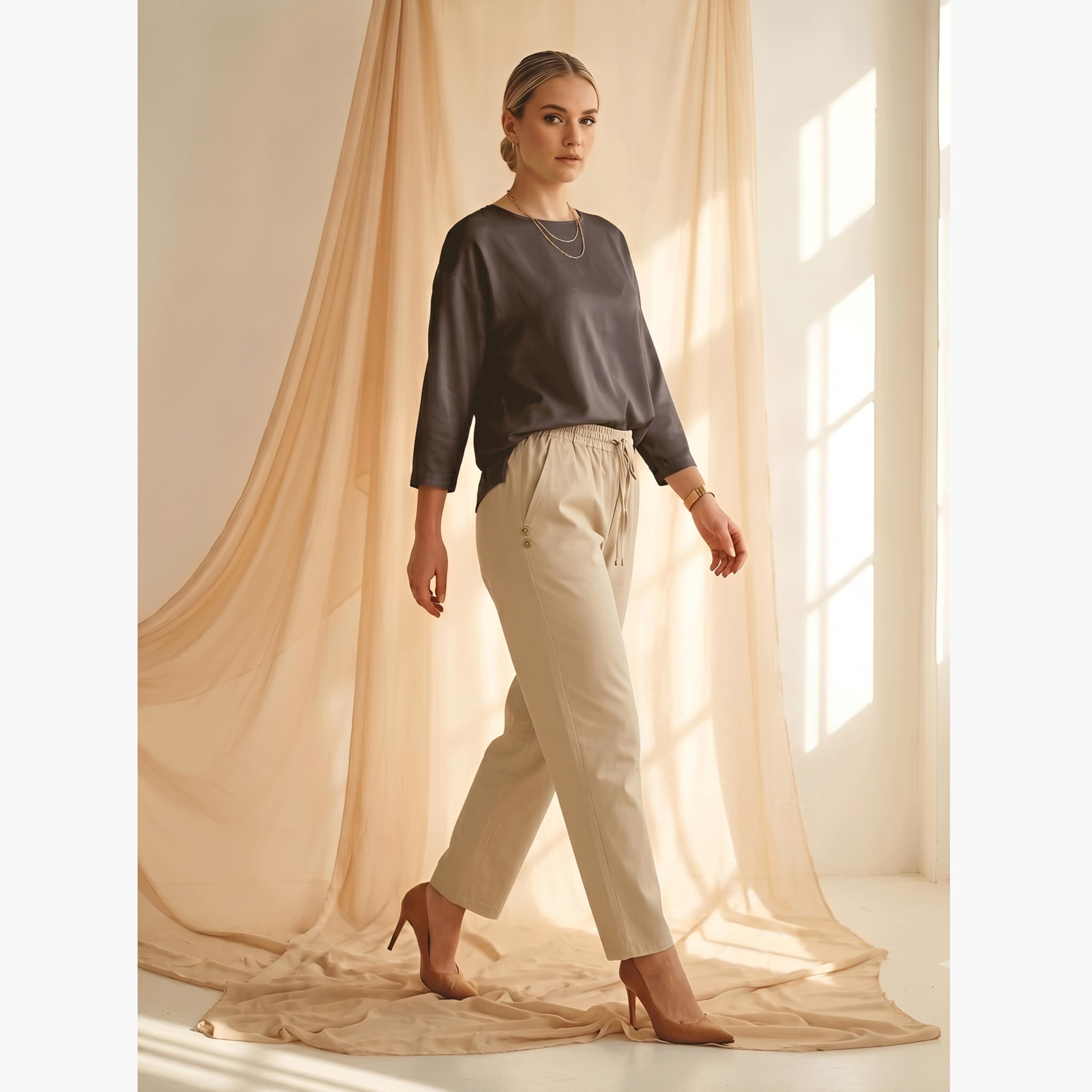 Mish X Styli Beige Drawstring Button Details Straight Fit Trouser-women-clothing-bottoms-joggers-image-2