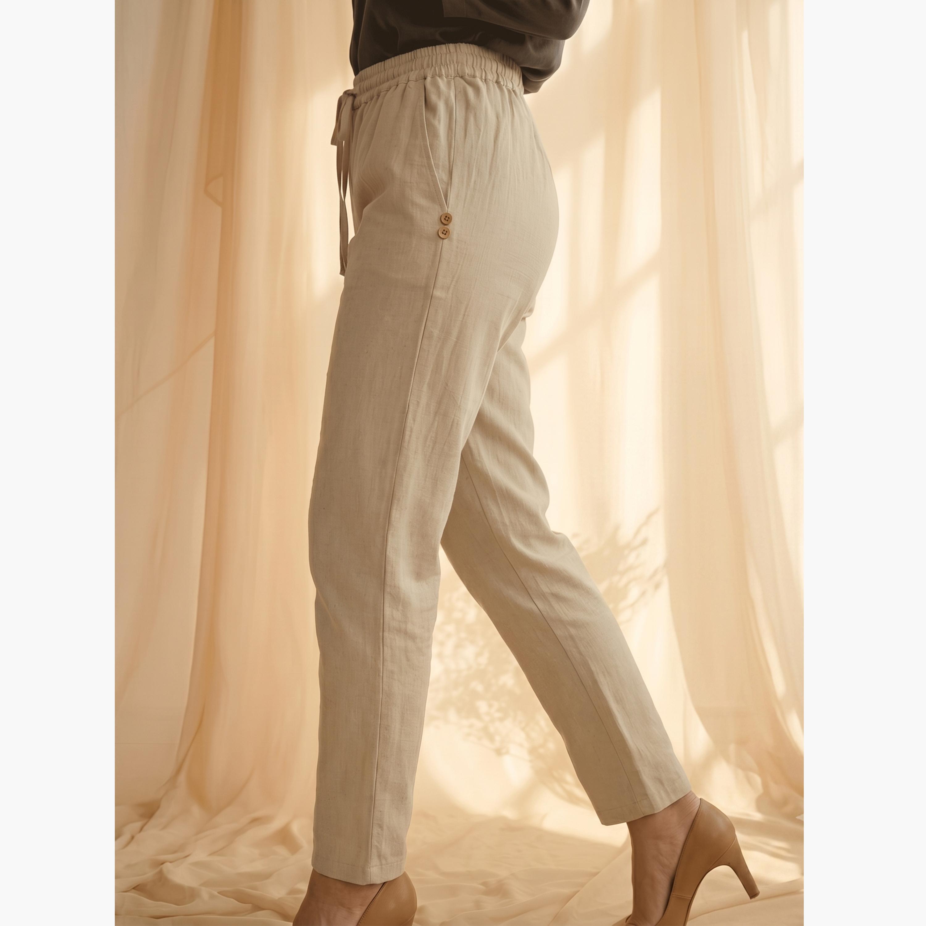 Mish X Styli Beige Drawstring Button Details Straight Fit Trouser-women-clothing-bottoms-joggers-image-3