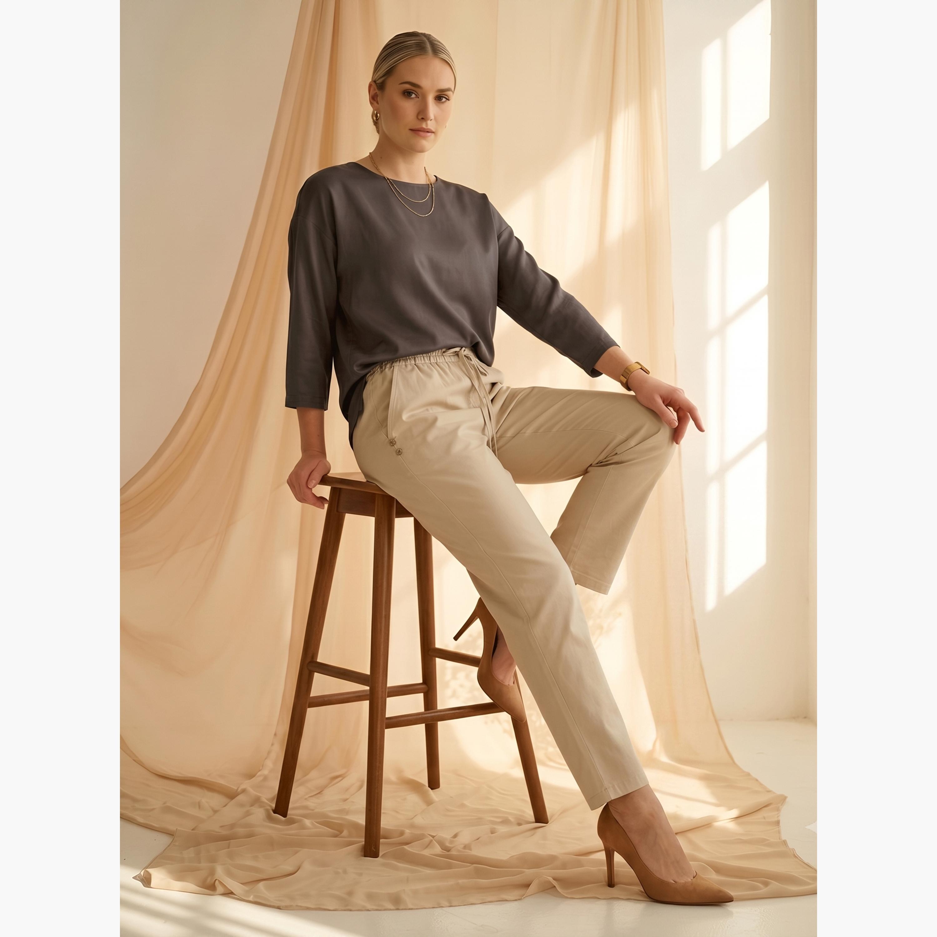 Mish X Styli Beige Drawstring Button Details Straight Fit Trouser-women-clothing-bottoms-joggers-image-4