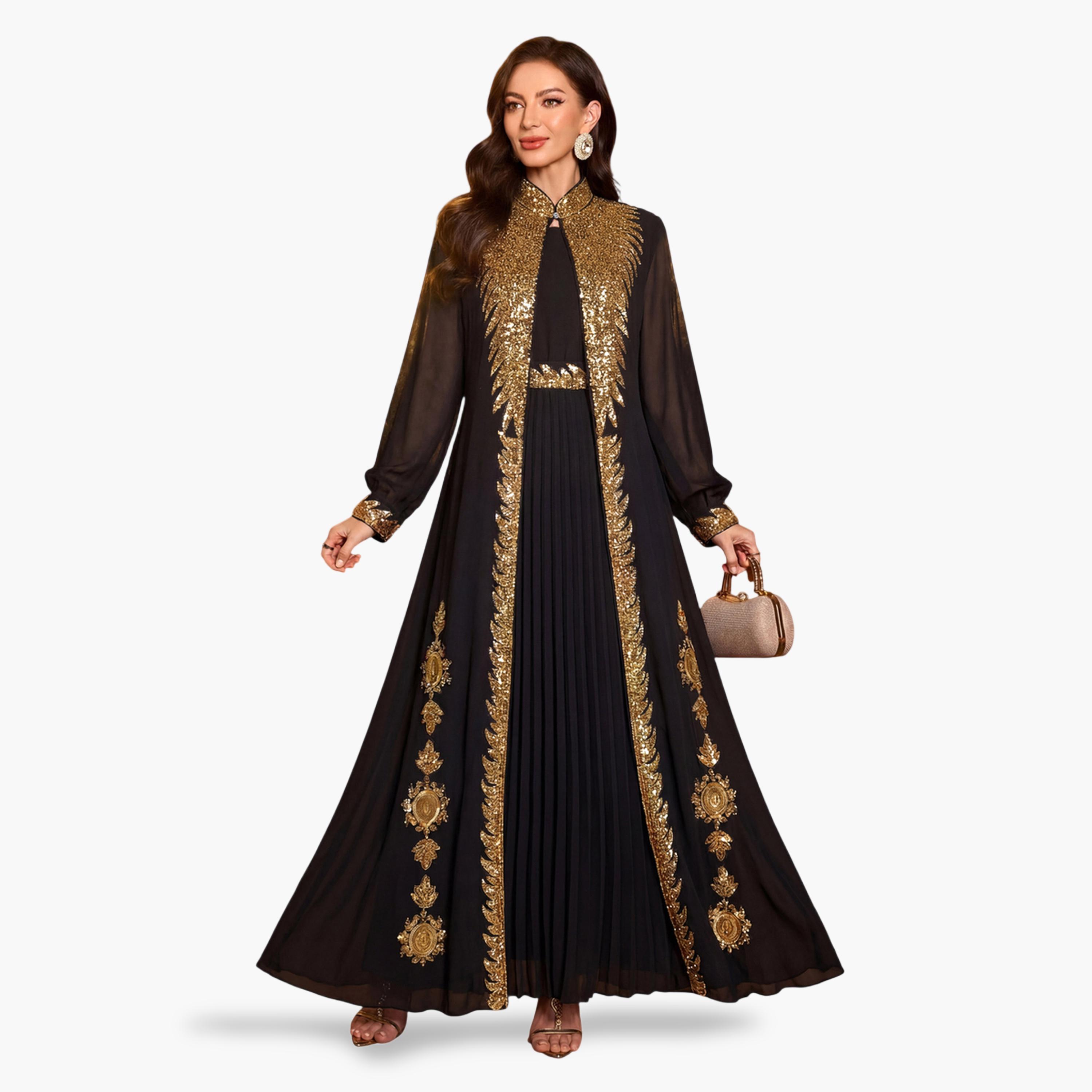 SUPGIR X Styli Black Pleated A-Line Maxi Dress and Gold Sequin Kaftan Set-women-clothing-coordsets-image-1