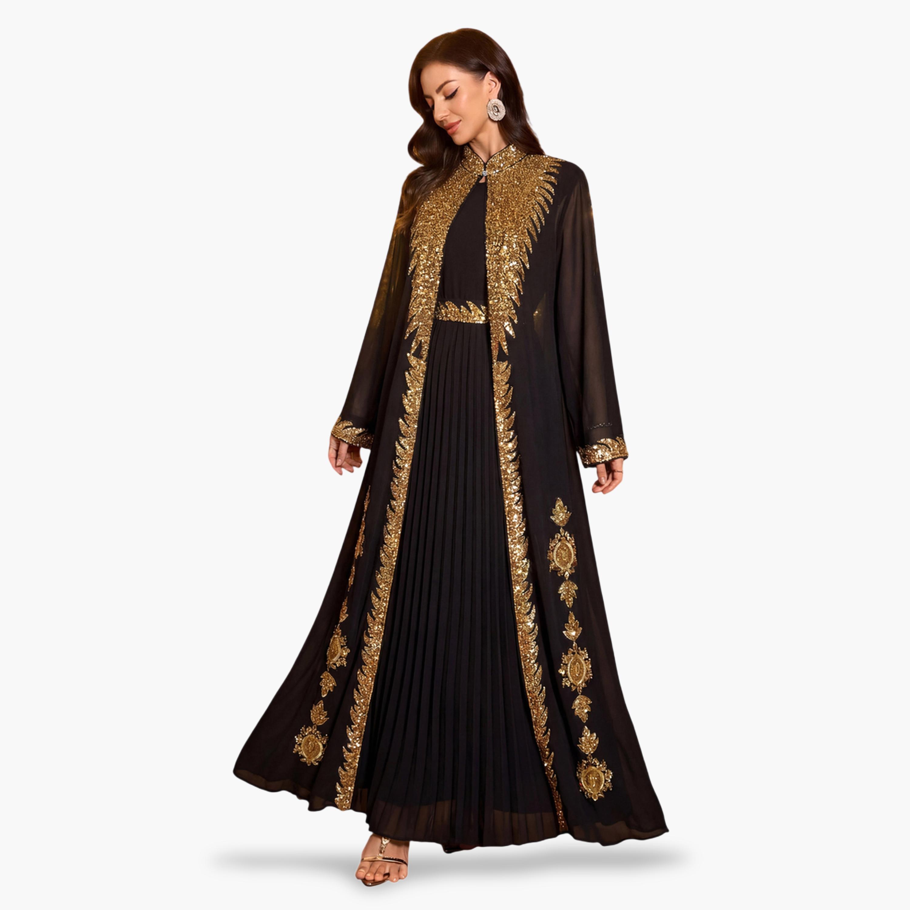 SUPGIR X Styli Black Pleated A-Line Maxi Dress and Gold Sequin Kaftan Set-women-clothing-coordsets-image-2