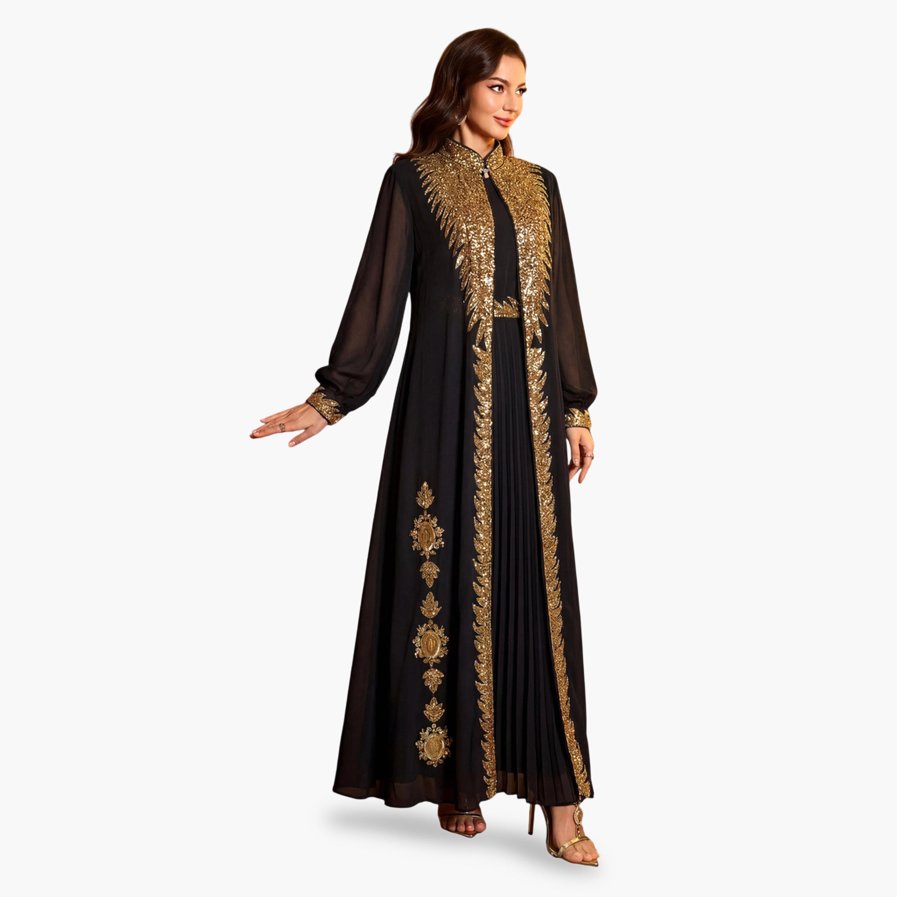 SUPGIR X Styli Black Pleated A-Line Maxi Dress and Gold Sequin Kaftan Set-women-clothing-coordsets-image-4