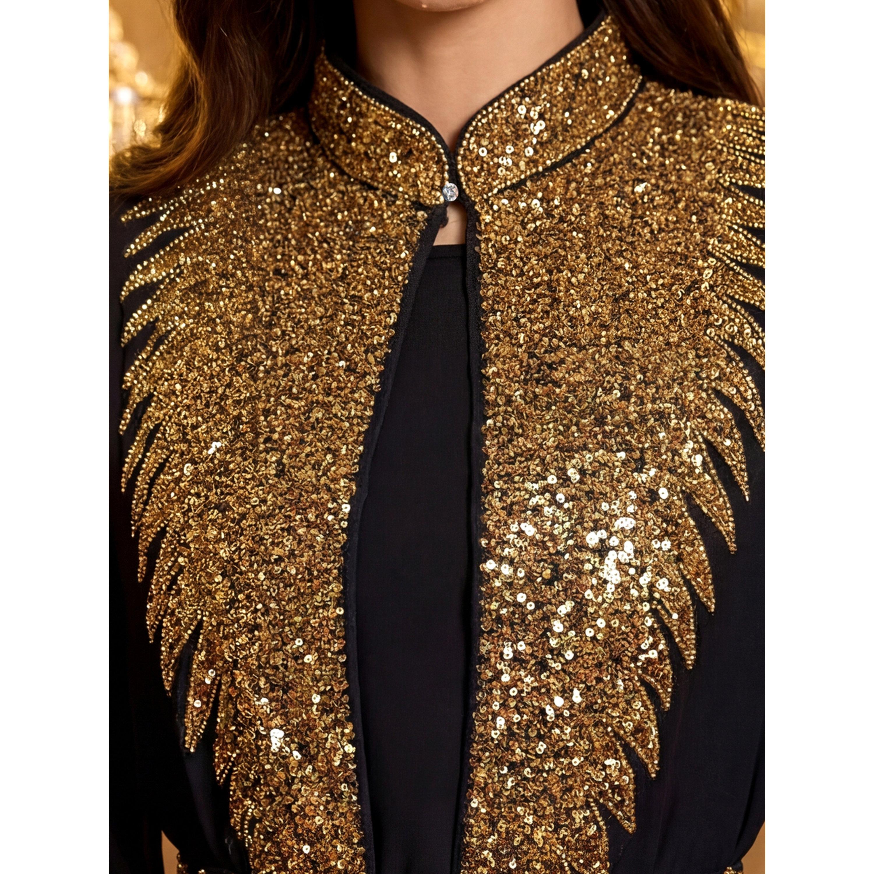 SUPGIR X Styli Black Pleated A-Line Maxi Dress and Gold Sequin Kaftan Set-women-clothing-coordsets-image-5