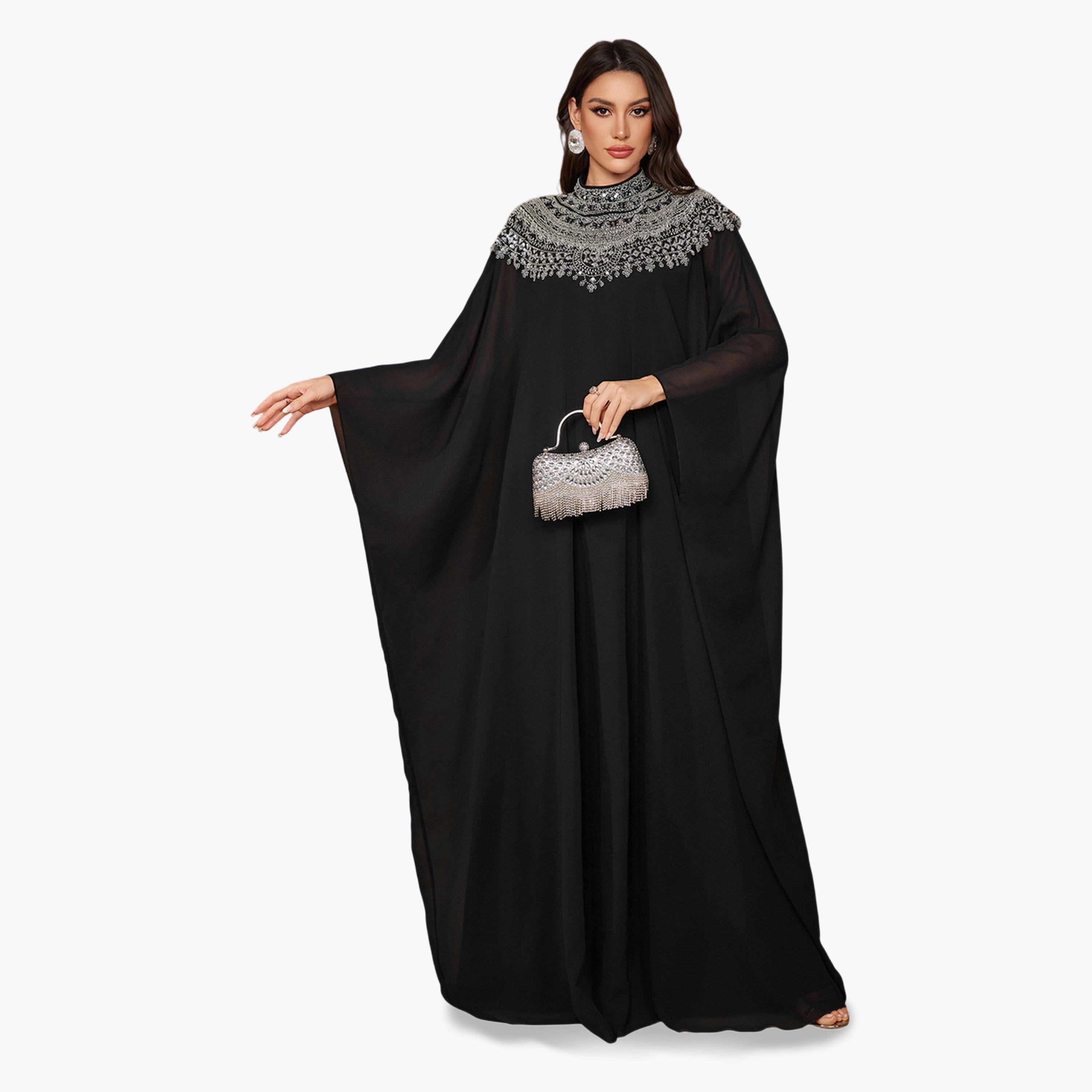 فستان طويل بياقة عالية ومزين بالخرز والترتر-women-clothing-dresses-image-2