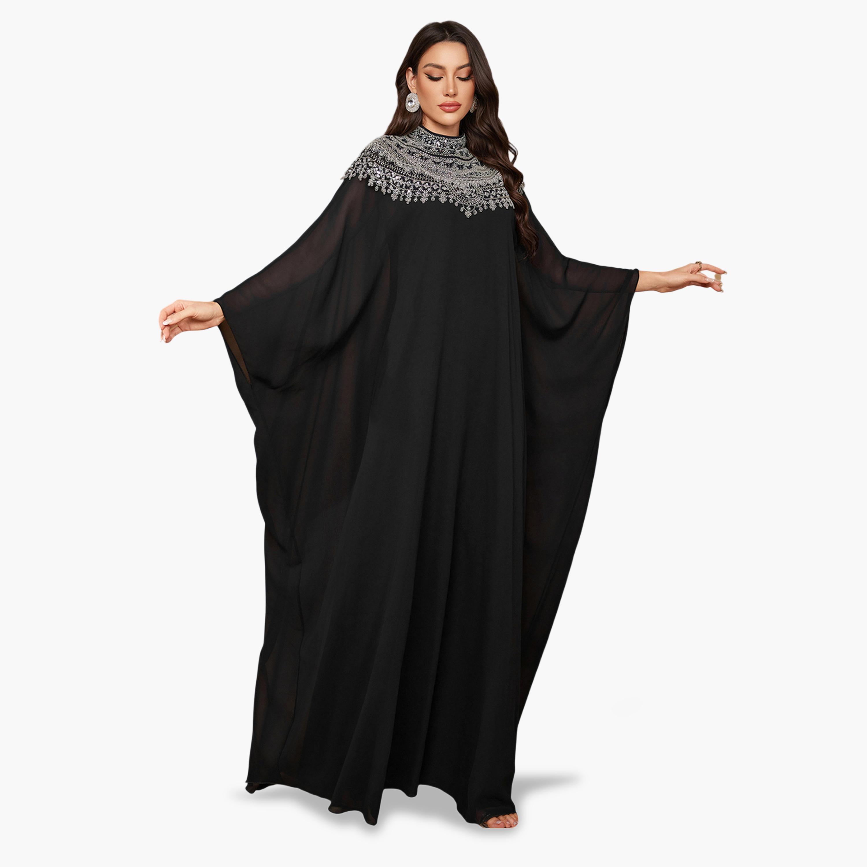فستان طويل بياقة عالية ومزين بالخرز والترتر-women-clothing-dresses-image-3