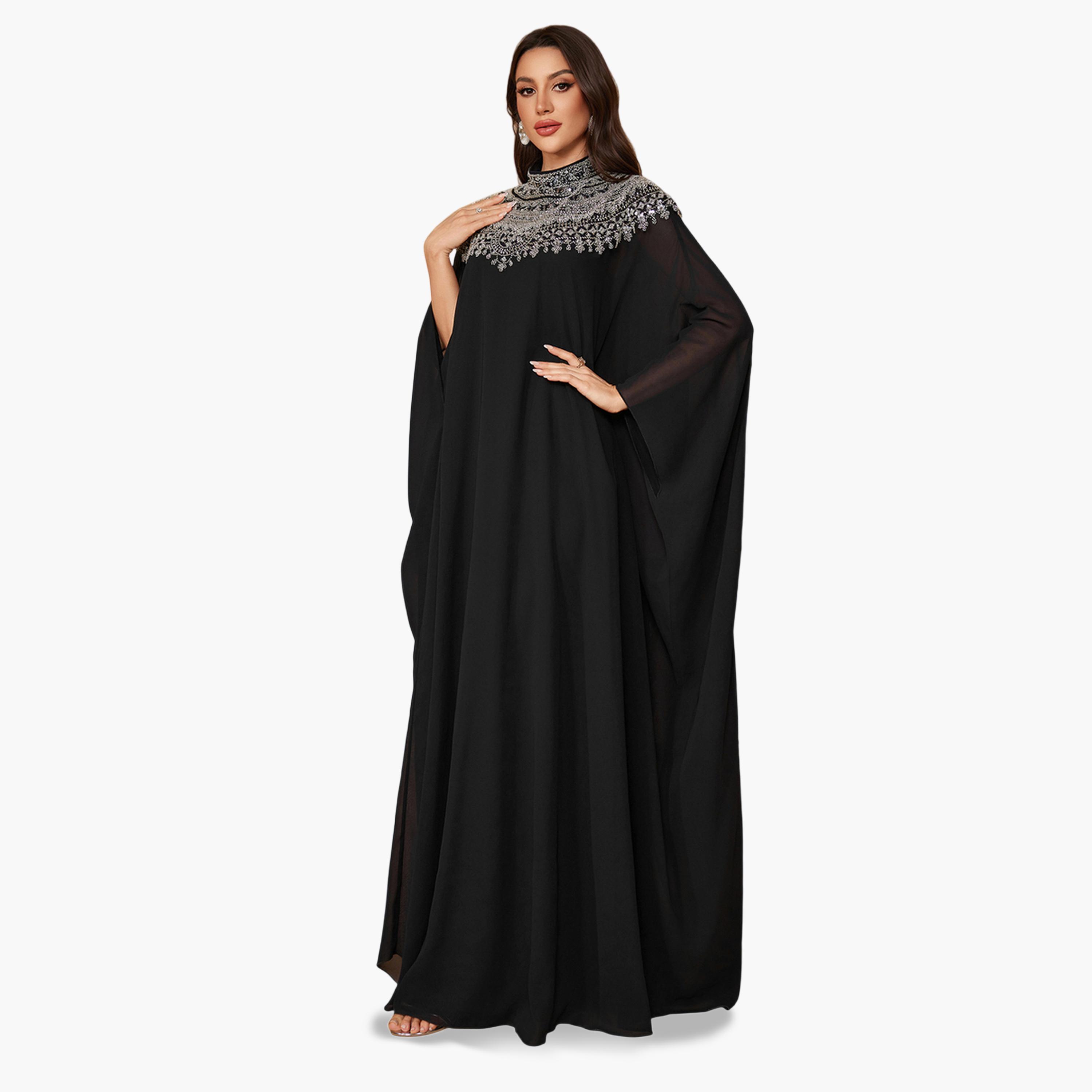فستان طويل بياقة عالية ومزين بالخرز والترتر-women-clothing-dresses-image-5
