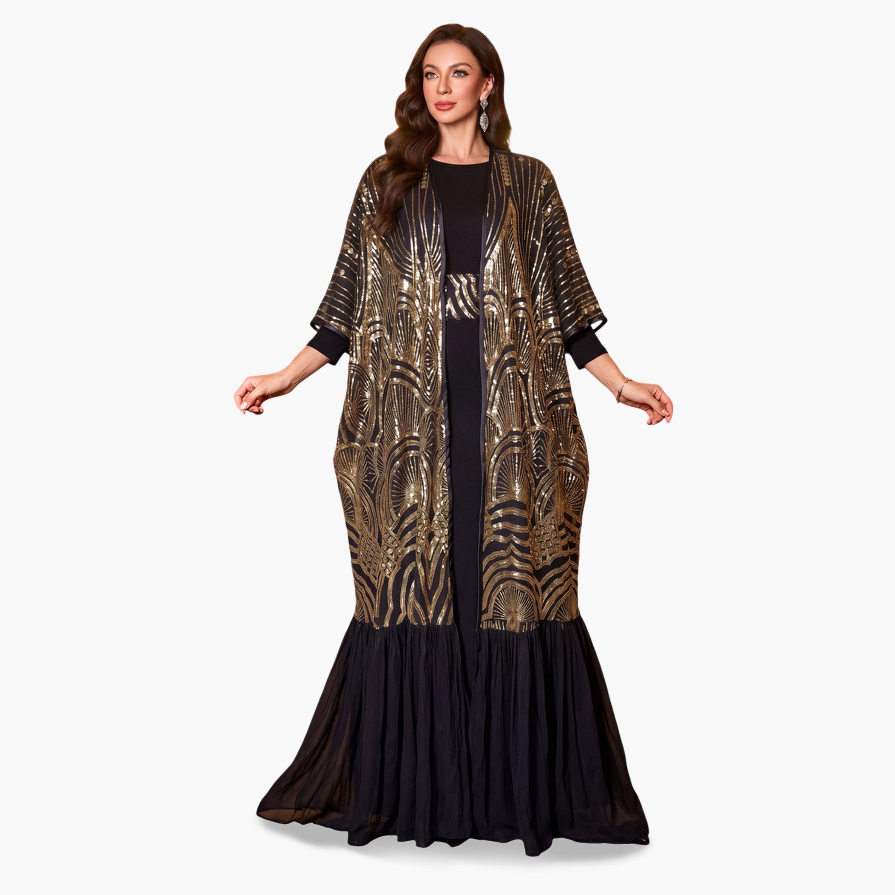 طقم منسق من فستان طويل وكيمونو مفتوح من الأمام منمقة بالترتر-women-clothing-coordsets-image-1
