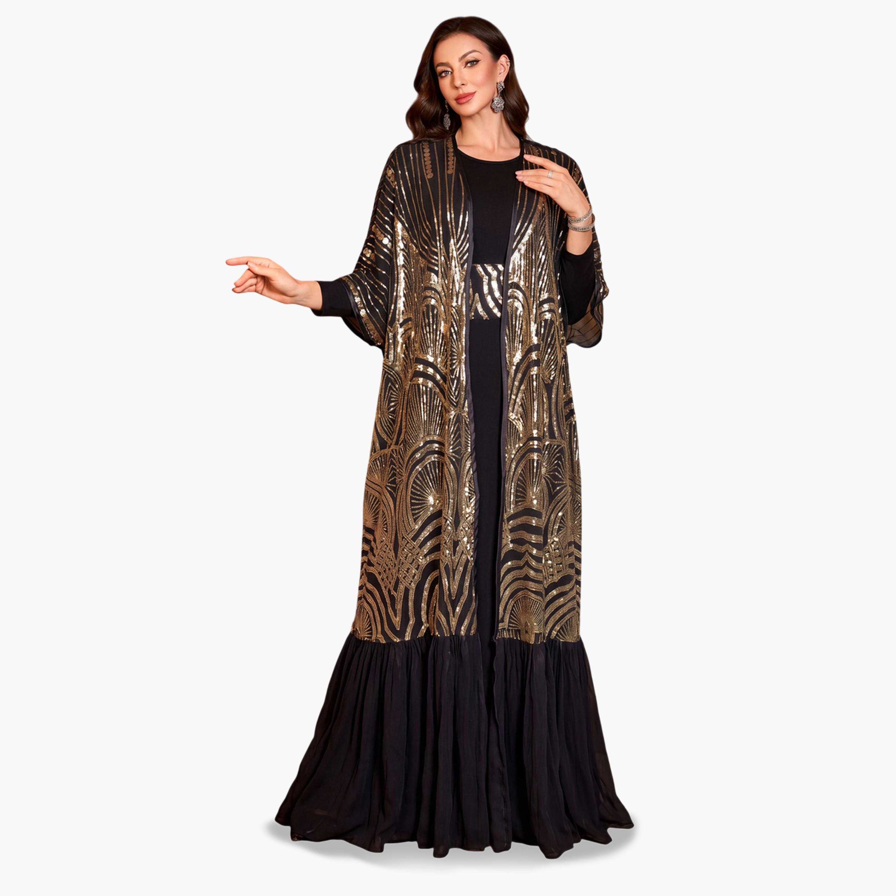 SUPGIR X Styli Black Sequin Front Open Kimono and Maxi Dress Co-ord Set-women-clothing-coordsets-image-3