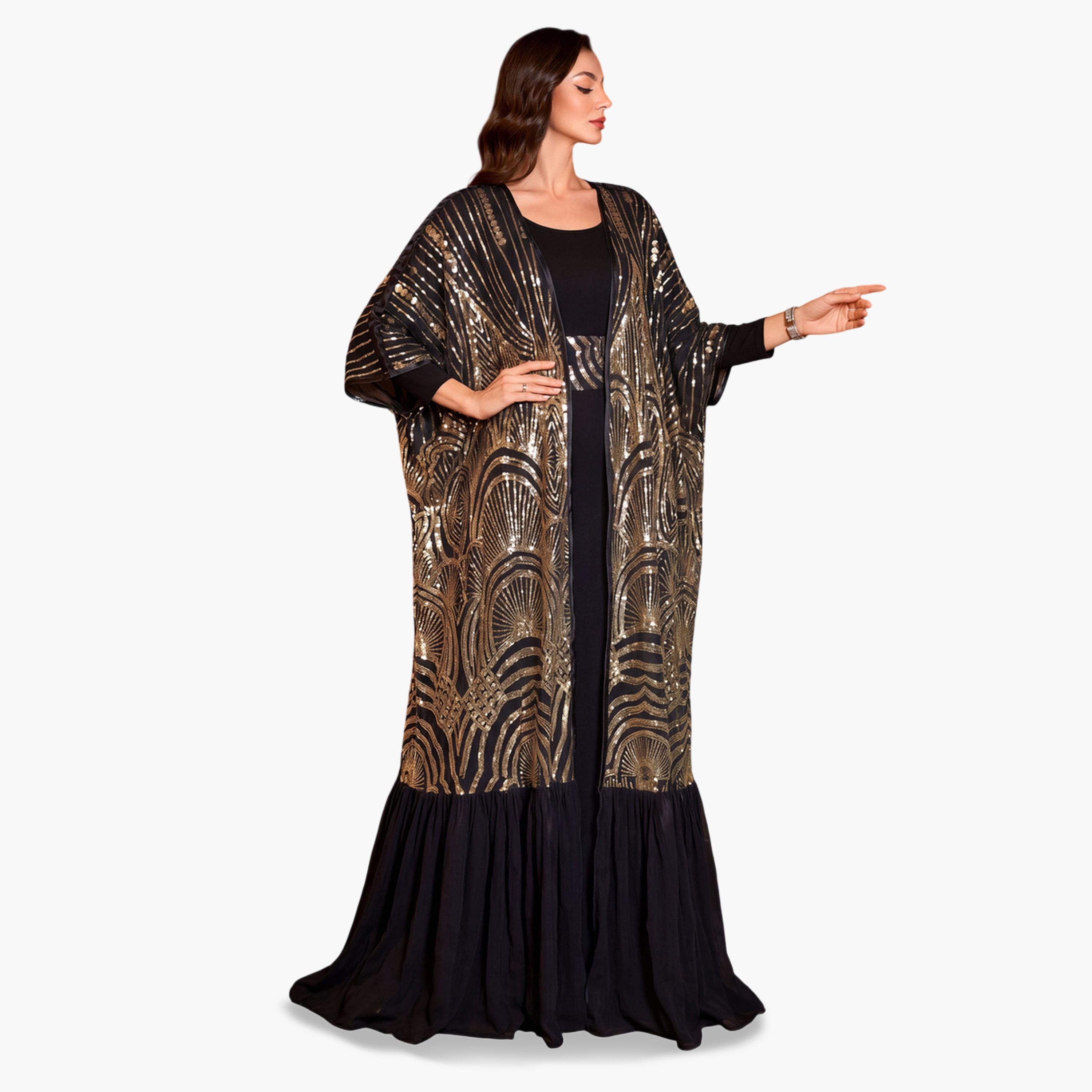SUPGIR X Styli Black Sequin Front Open Kimono and Maxi Dress Co-ord Set-women-clothing-coordsets-image-4