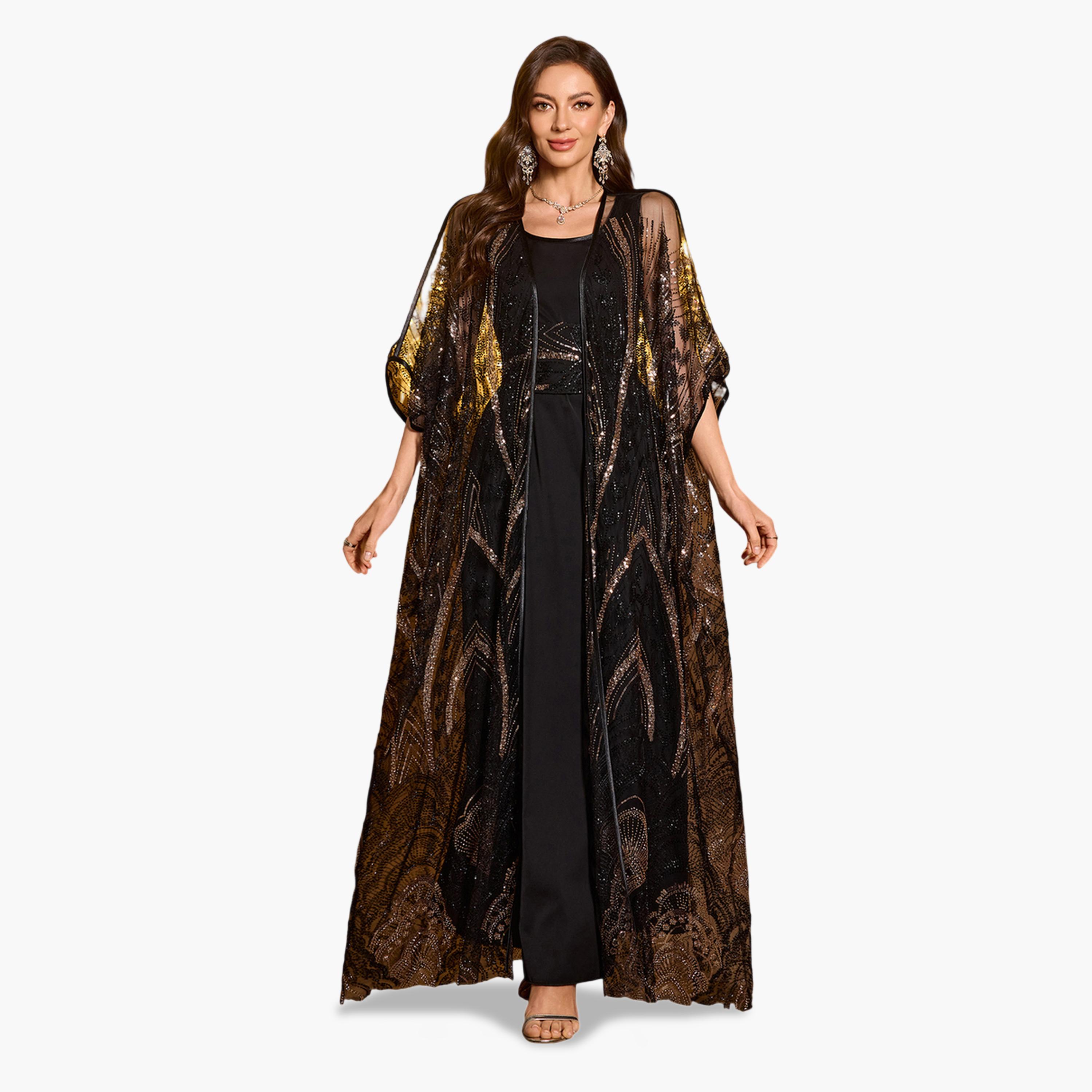 طقم منسق من فستان طويل وكيمونو شبك منمقة بالترتر-women-clothing-coordsets-image-1