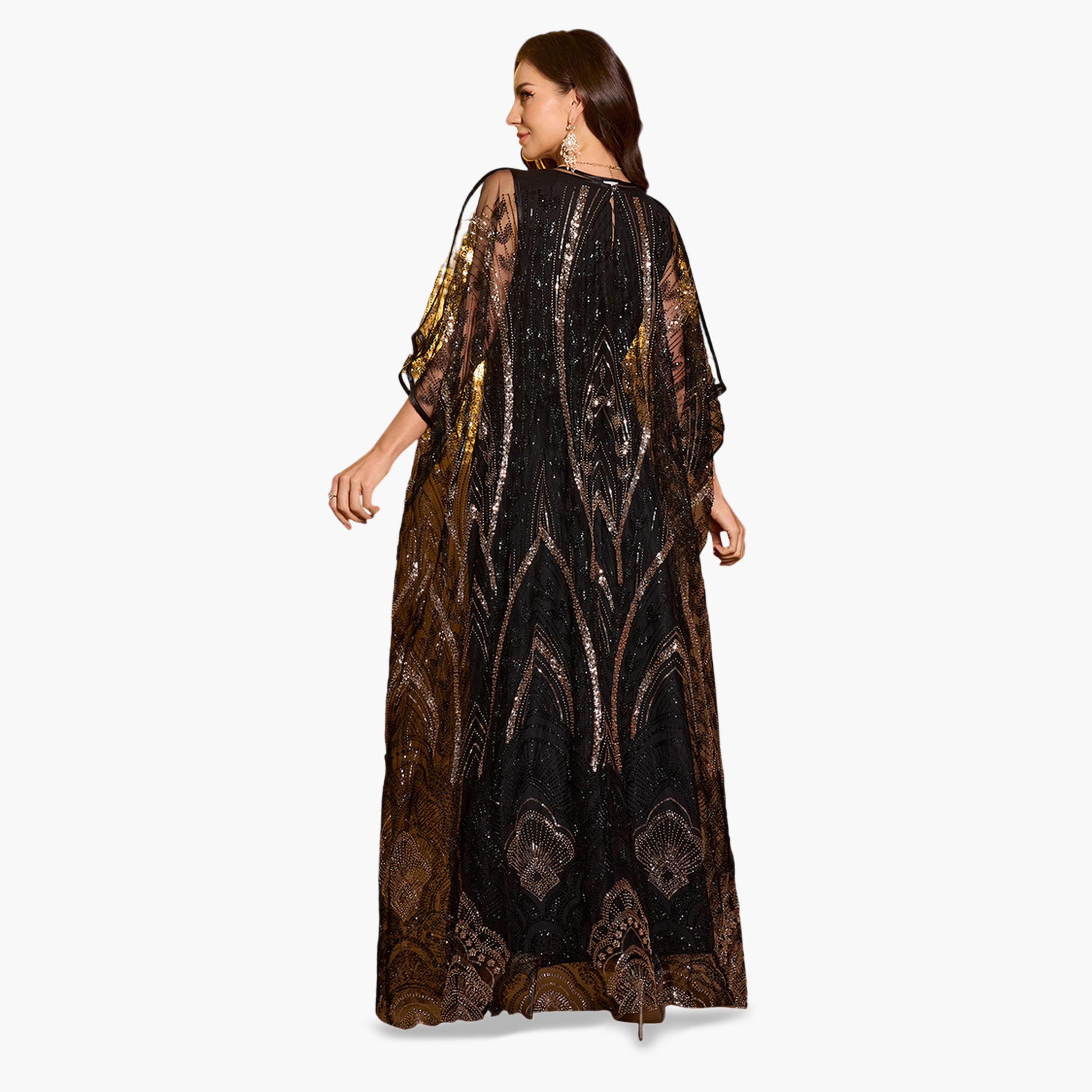طقم منسق من فستان طويل وكيمونو شبك منمقة بالترتر-women-clothing-coordsets-image-3