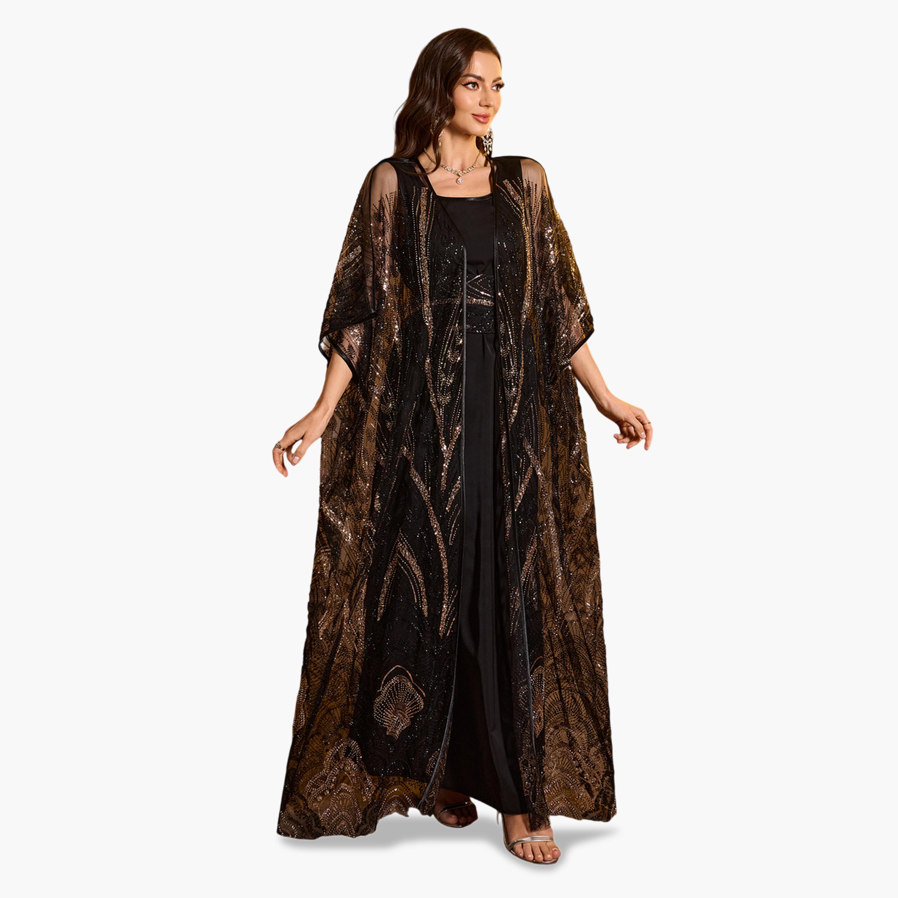طقم منسق من فستان طويل وكيمونو شبك منمقة بالترتر-women-clothing-coordsets-image-4