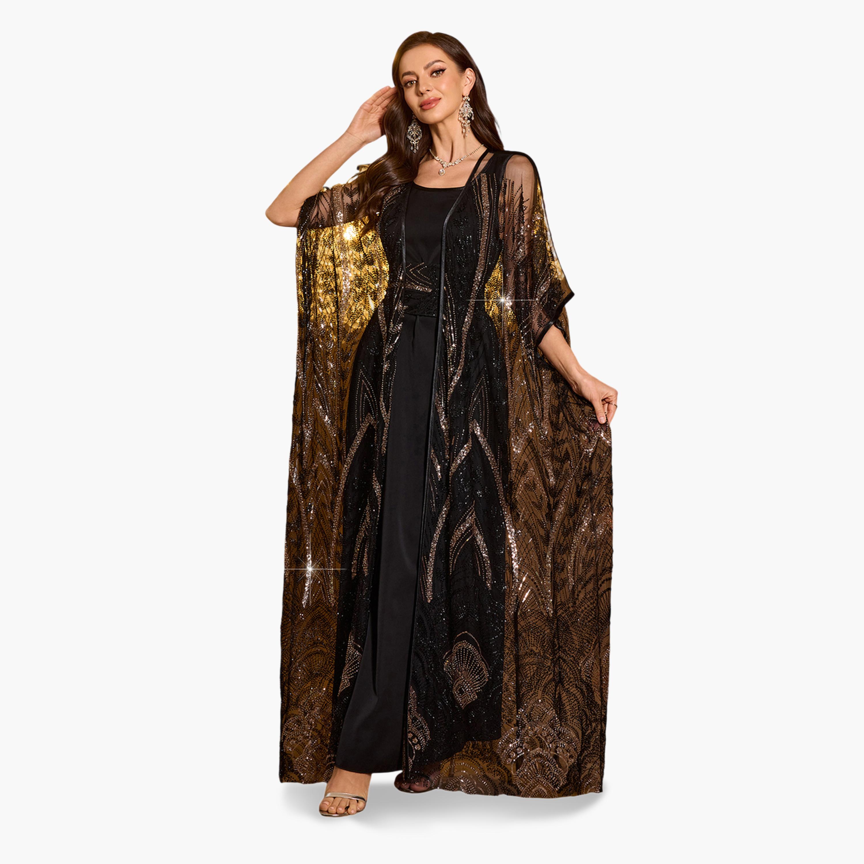 طقم منسق من فستان طويل وكيمونو شبك منمقة بالترتر-women-clothing-coordsets-image-5