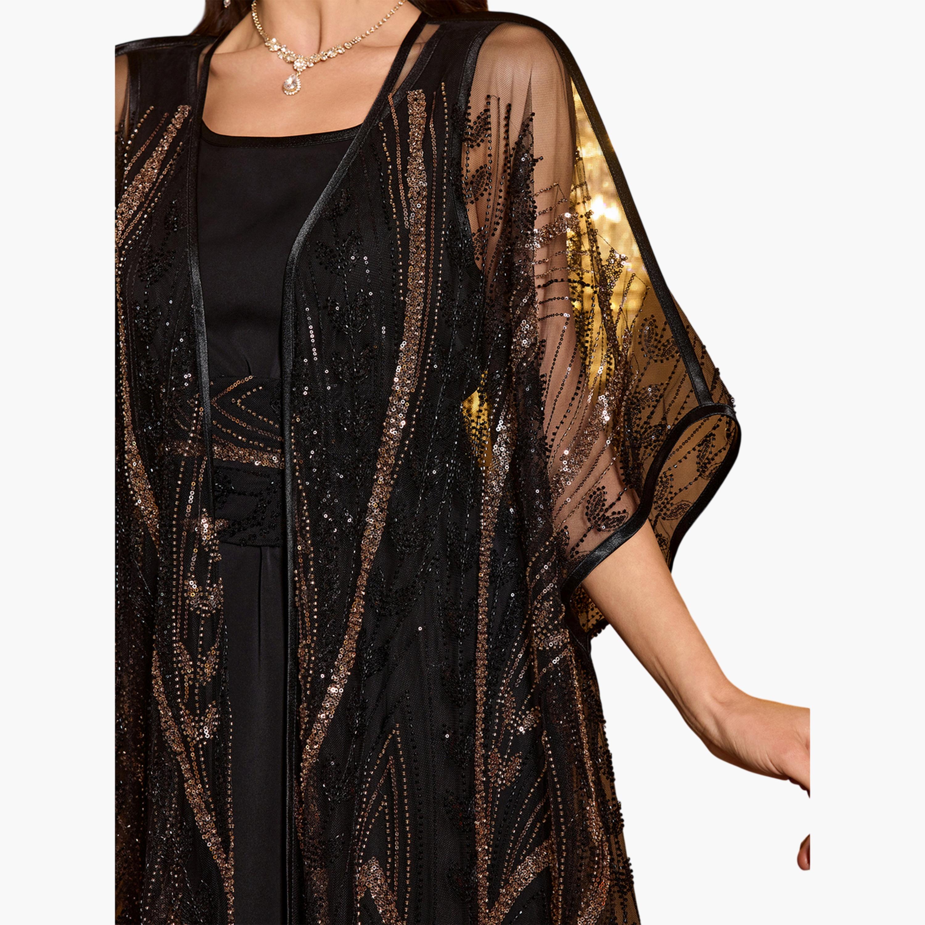 طقم منسق من فستان طويل وكيمونو شبك منمقة بالترتر-women-clothing-coordsets-image-6