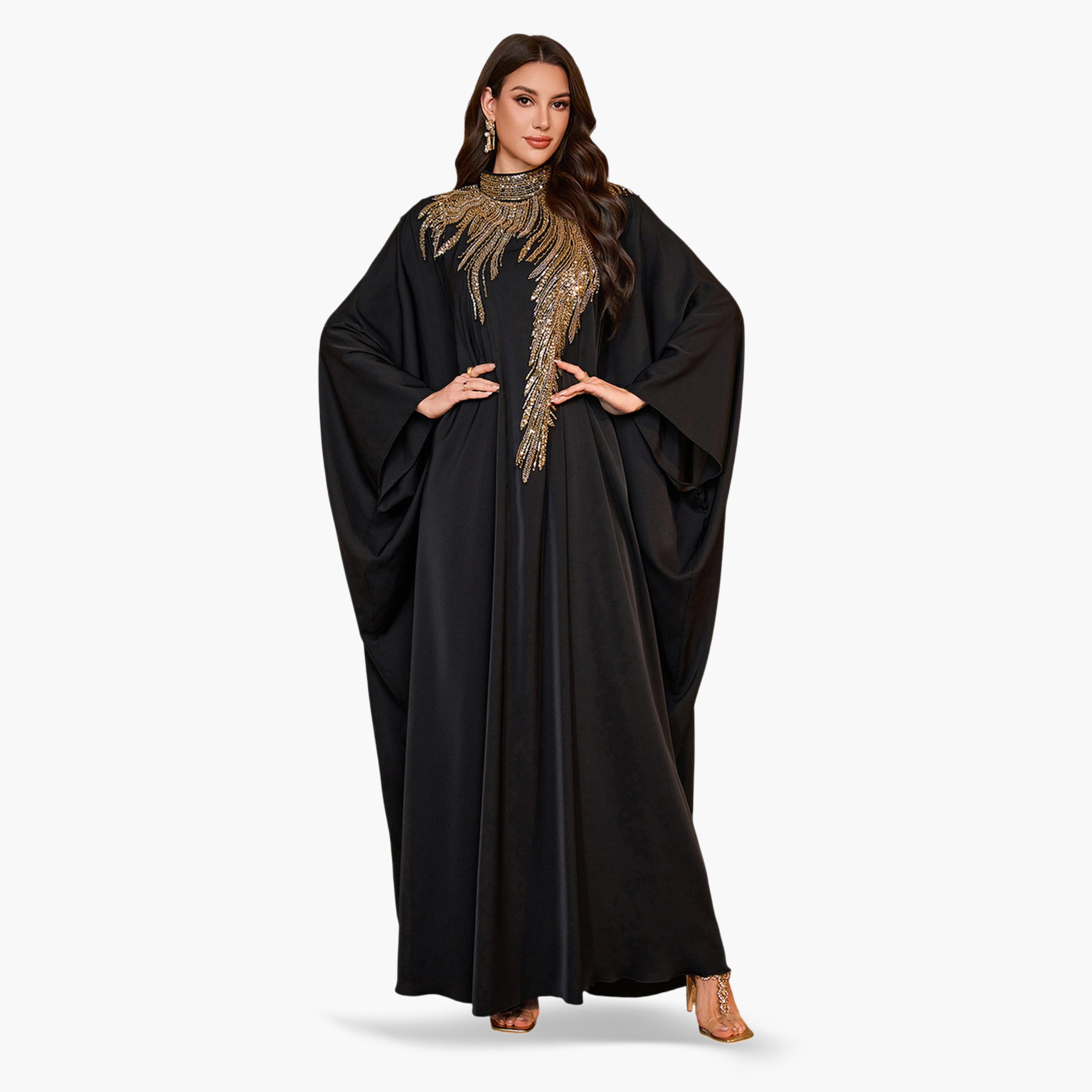 قفطان أسود وذهبي بأكمام خفاش ومزين بالترتر-women-arabicclothing-kaftan-image-1