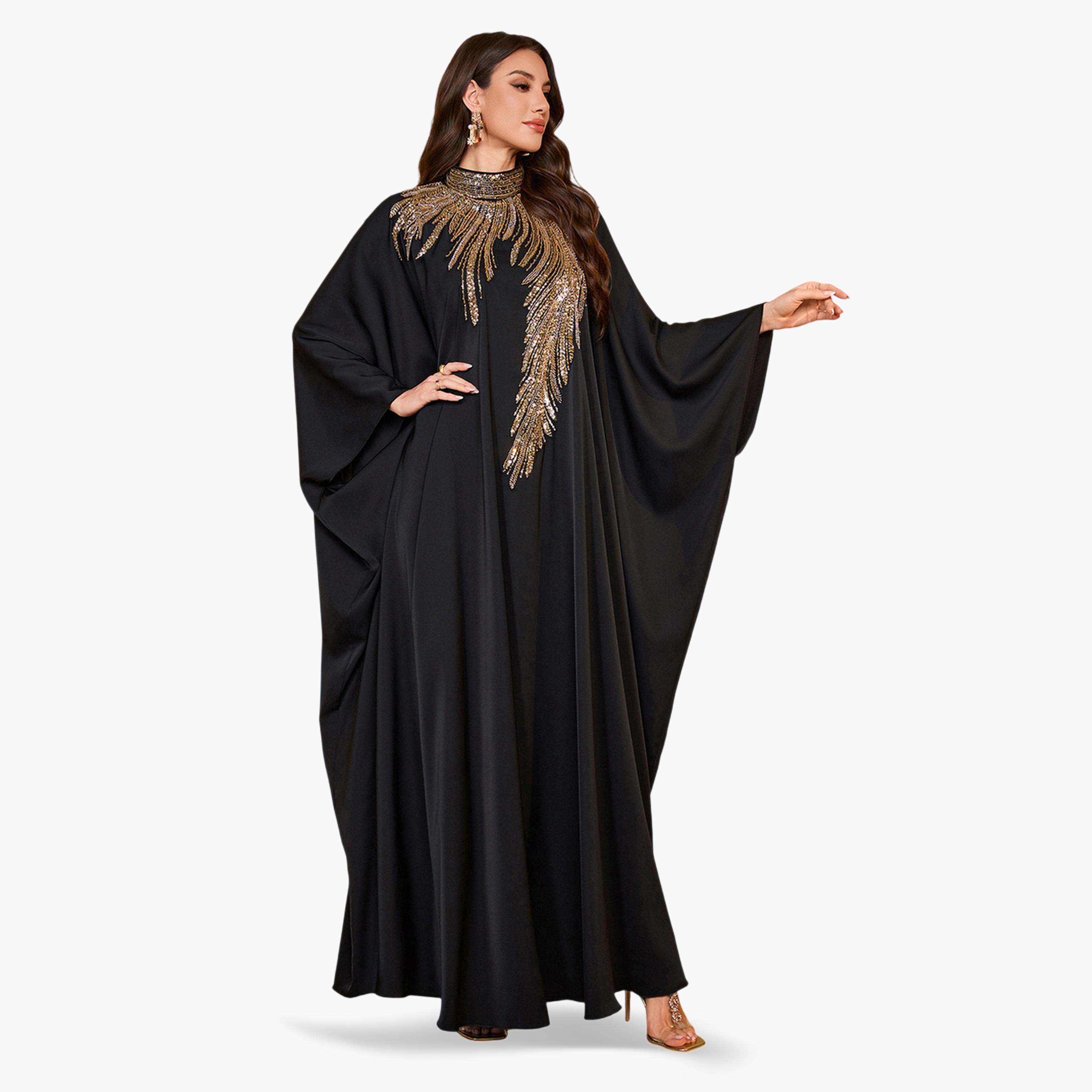 قفطان أسود وذهبي بأكمام خفاش ومزين بالترتر-women-arabicclothing-kaftan-image-2