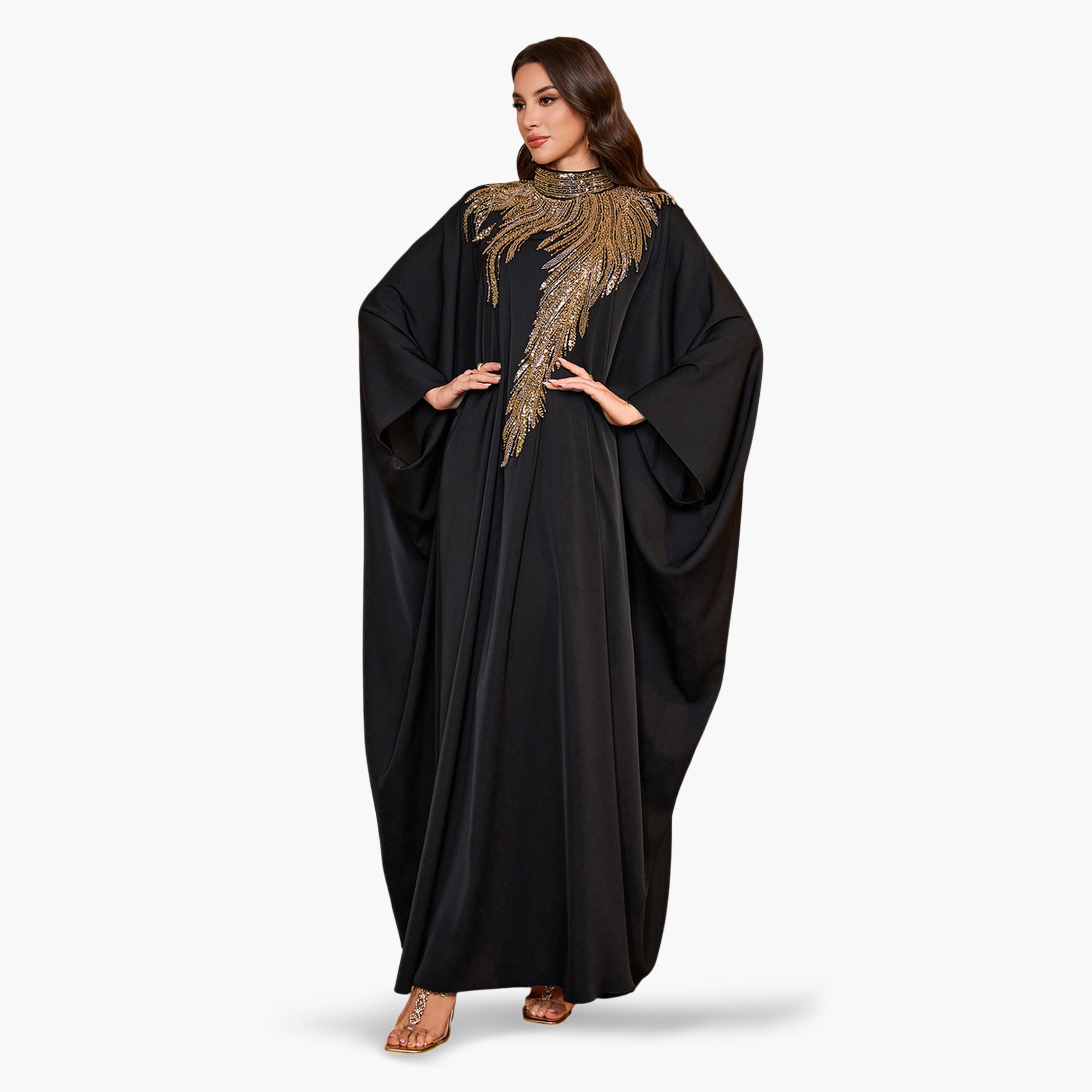 قفطان أسود وذهبي بأكمام خفاش ومزين بالترتر-women-arabicclothing-kaftan-image-3