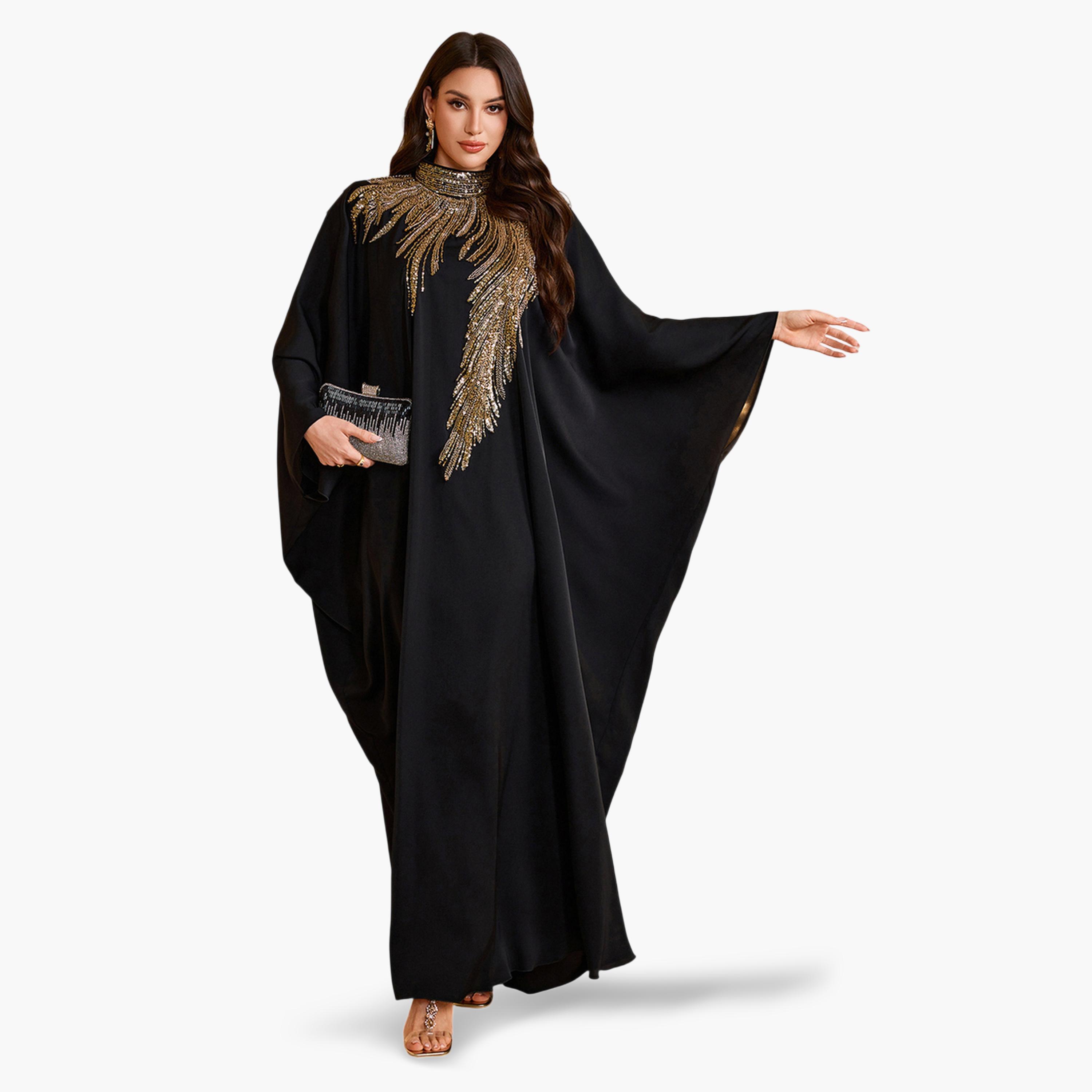 قفطان أسود وذهبي بأكمام خفاش ومزين بالترتر-women-arabicclothing-kaftan-image-4