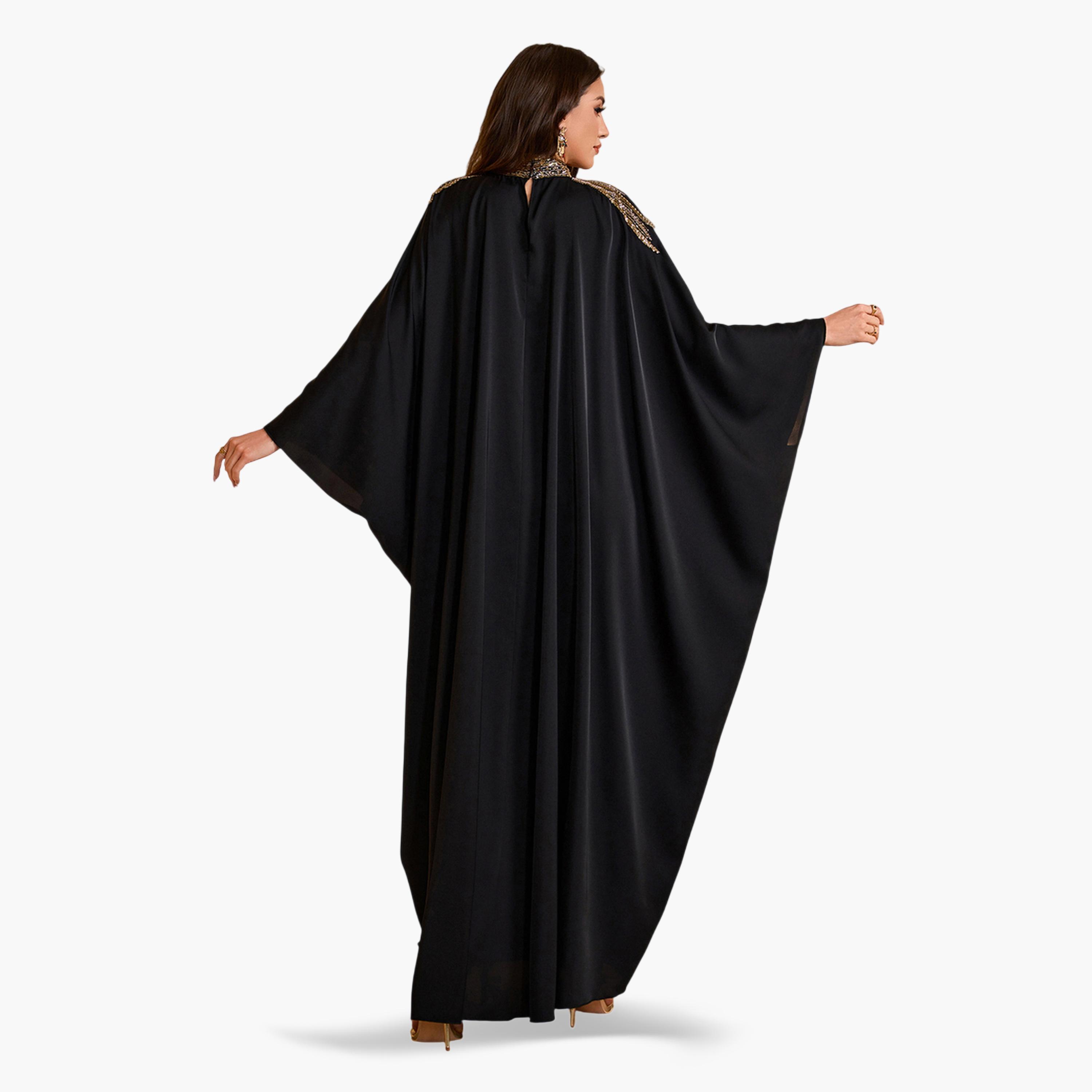 قفطان أسود وذهبي بأكمام خفاش ومزين بالترتر-women-arabicclothing-kaftan-image-5