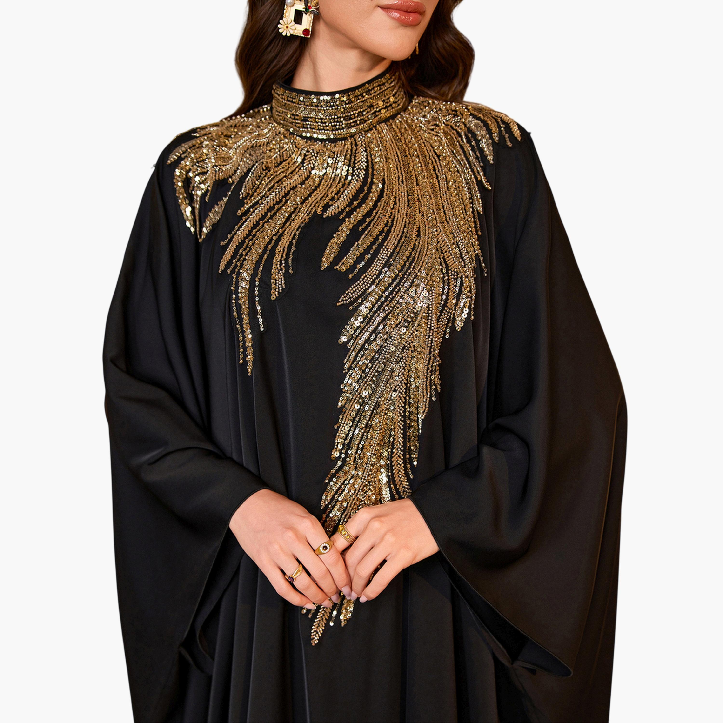 قفطان أسود وذهبي بأكمام خفاش ومزين بالترتر-women-arabicclothing-kaftan-image-6