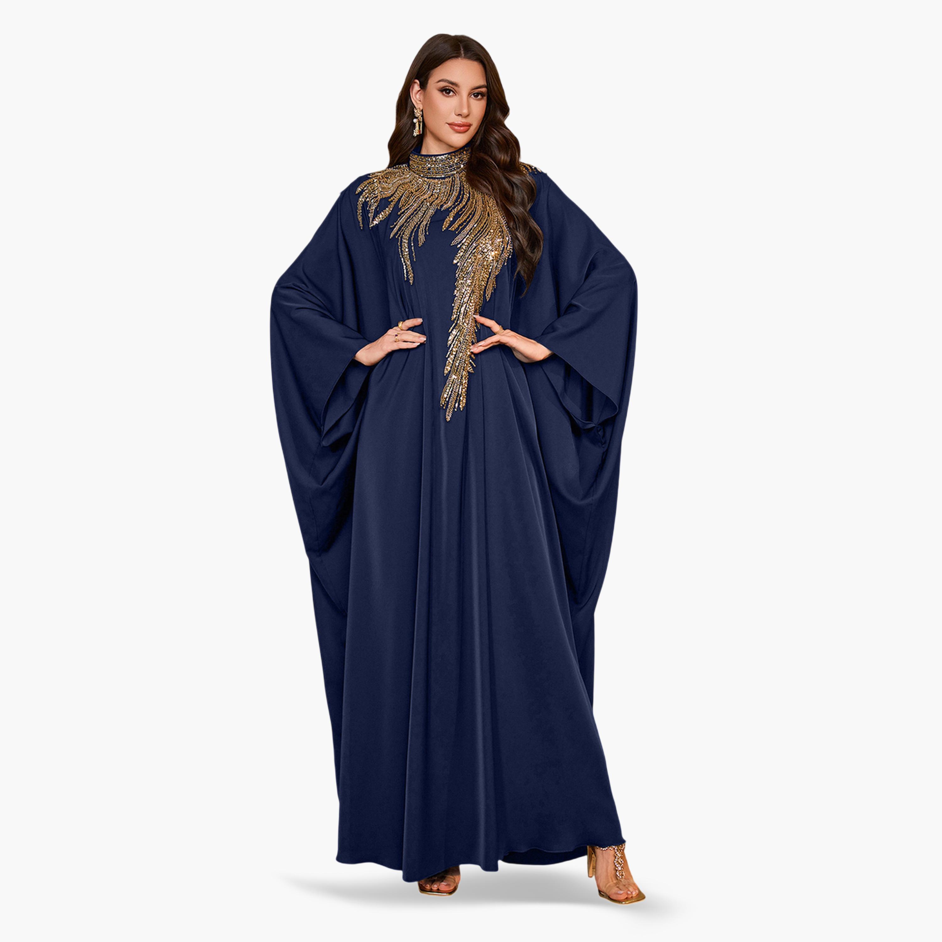 قفطان طويل بياقة عالية وقصة قصة صدر منمقة بالترتر-women-arabicclothing-kaftan-image-1