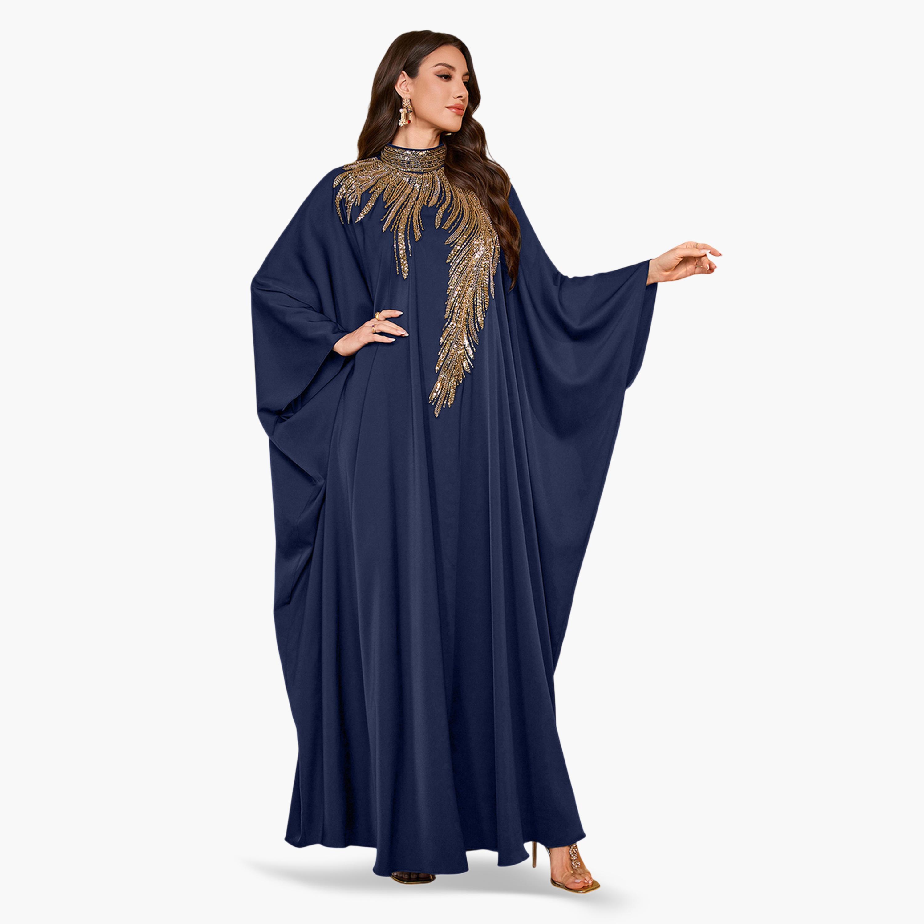 قفطان طويل بياقة عالية وقصة قصة صدر منمقة بالترتر-women-arabicclothing-kaftan-image-2
