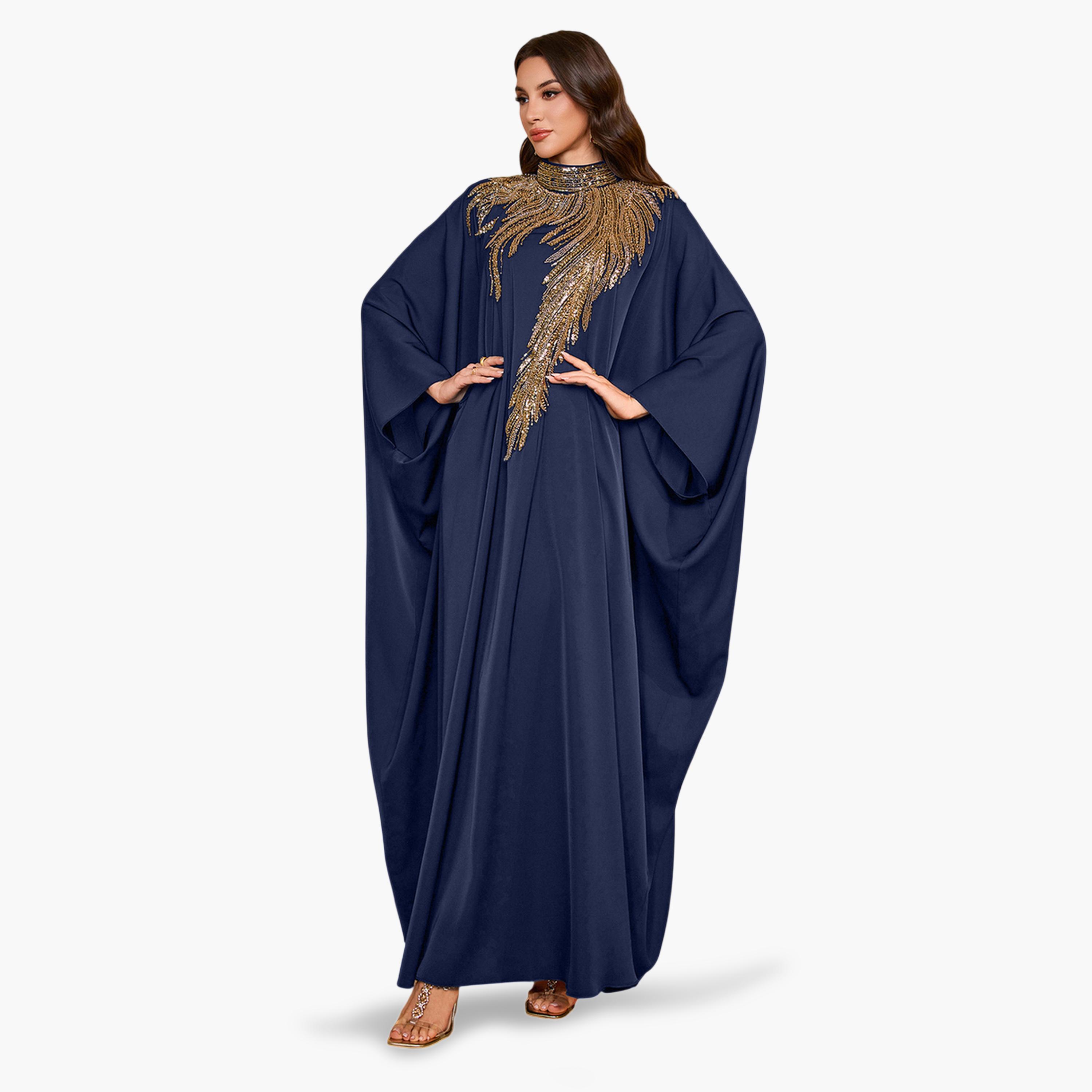 قفطان طويل بياقة عالية وقصة قصة صدر منمقة بالترتر-women-arabicclothing-kaftan-image-3