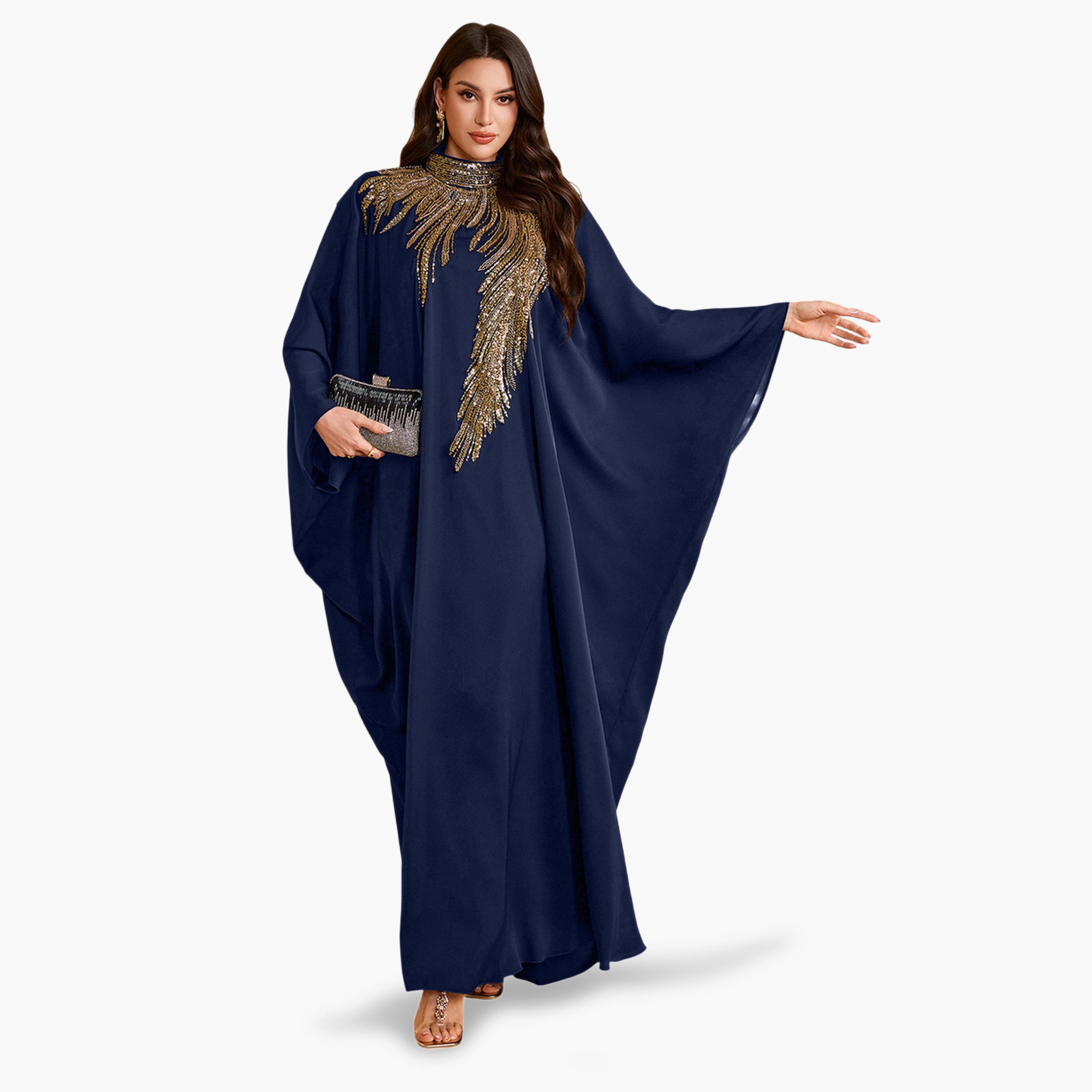 قفطان طويل بياقة عالية وقصة قصة صدر منمقة بالترتر-women-arabicclothing-kaftan-image-4
